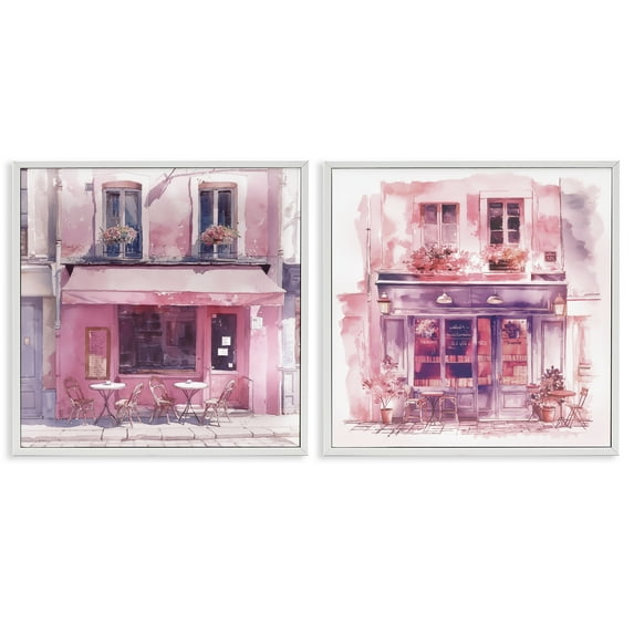 Stupell Industries Pink Outdoor Café Tables Buildings & Architecture Painting White Framed Art Print Wall Art, 17 x 17, Set of 2