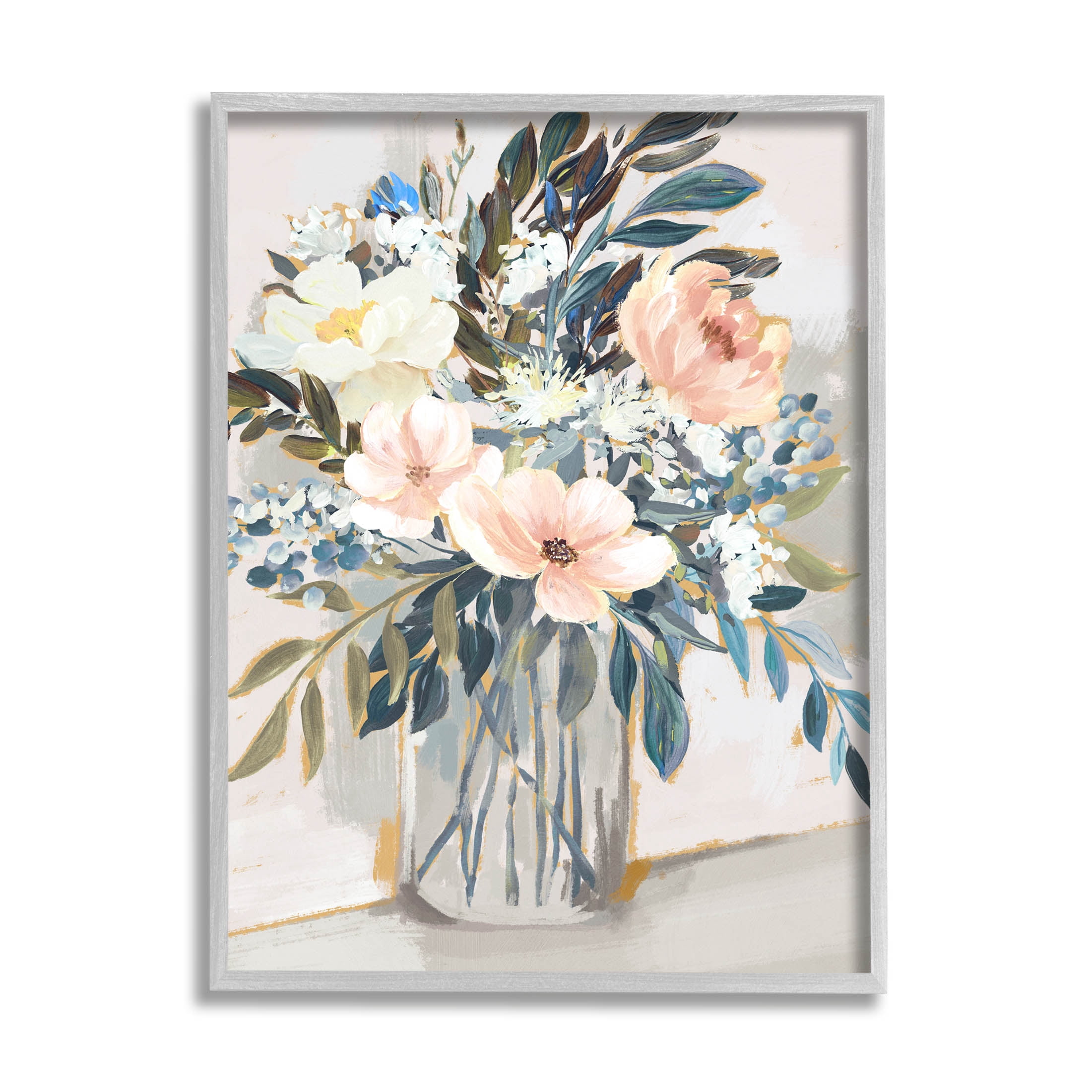Stupell Industries Pink Overflowing Floral Bouquet Painting Gray Framed Art Print Wall Art, Design by Nina Blue