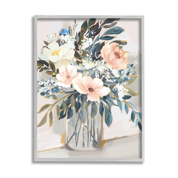 Stupell Industries Pink Overflowing Floral Bouquet Painting Gray Framed Art Print Wall Art, Design by Nina Blue