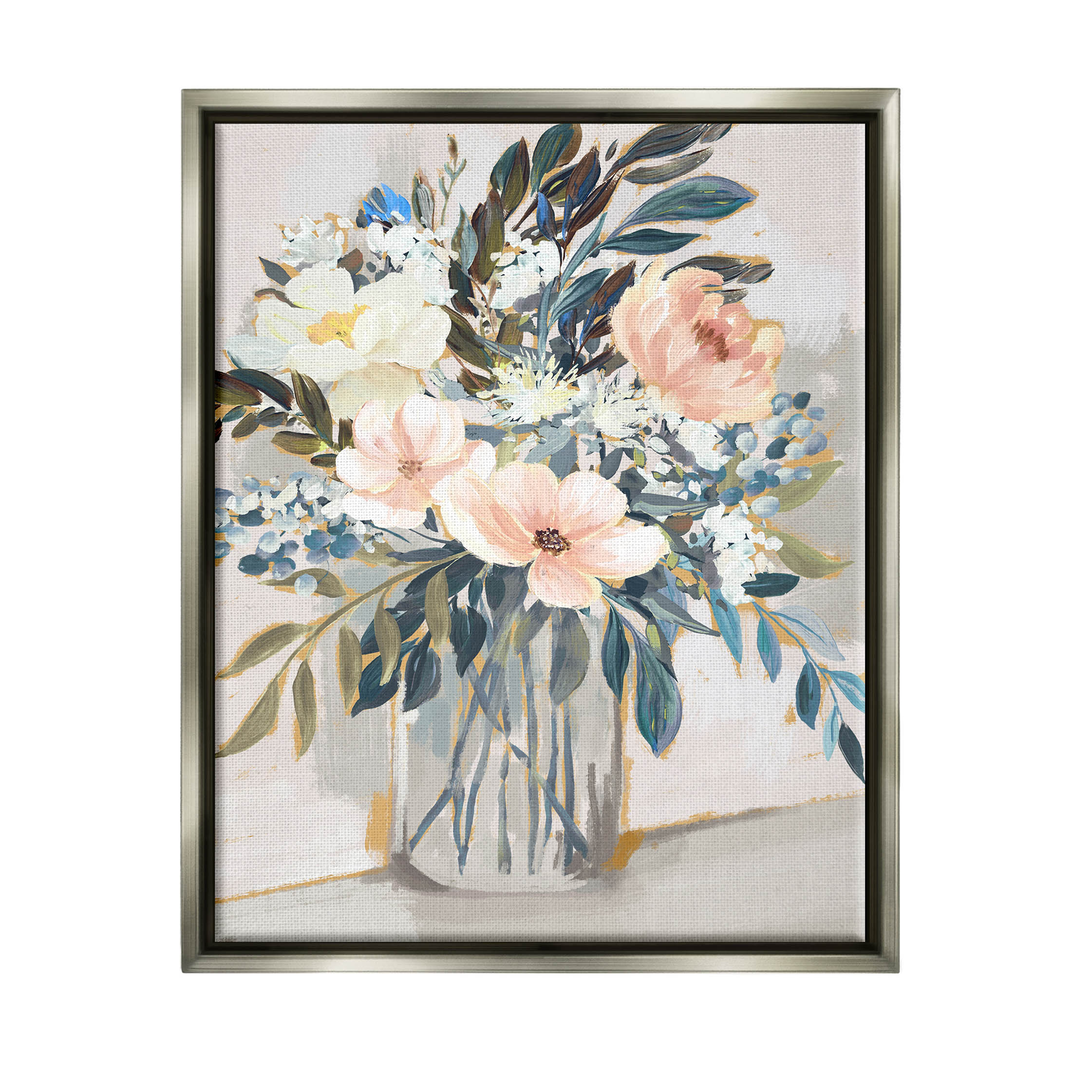 Stupell Industries Pink Overflowing Floral Bouquet Painting Luster Gray Floating Framed Canvas Print Wall Art, Design by Nina Blue