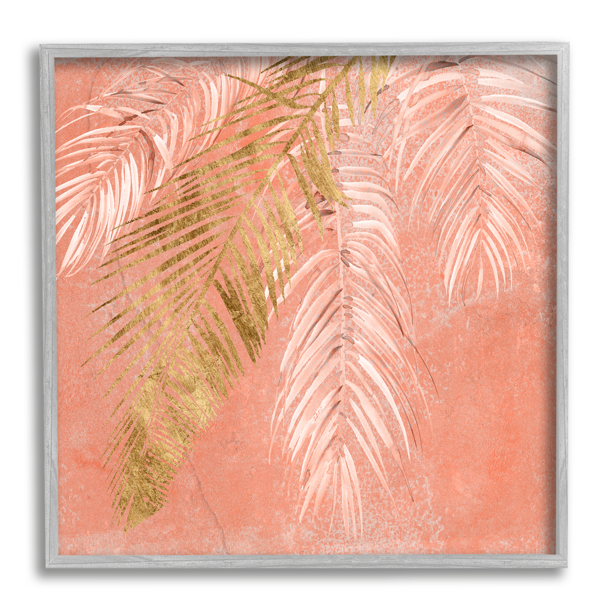 Stupell Industries Pink Palm Fronds Distressed Tropical Plant Still Life Landscape Painting Gray Framed Art Print Wall Art, 24 x 24