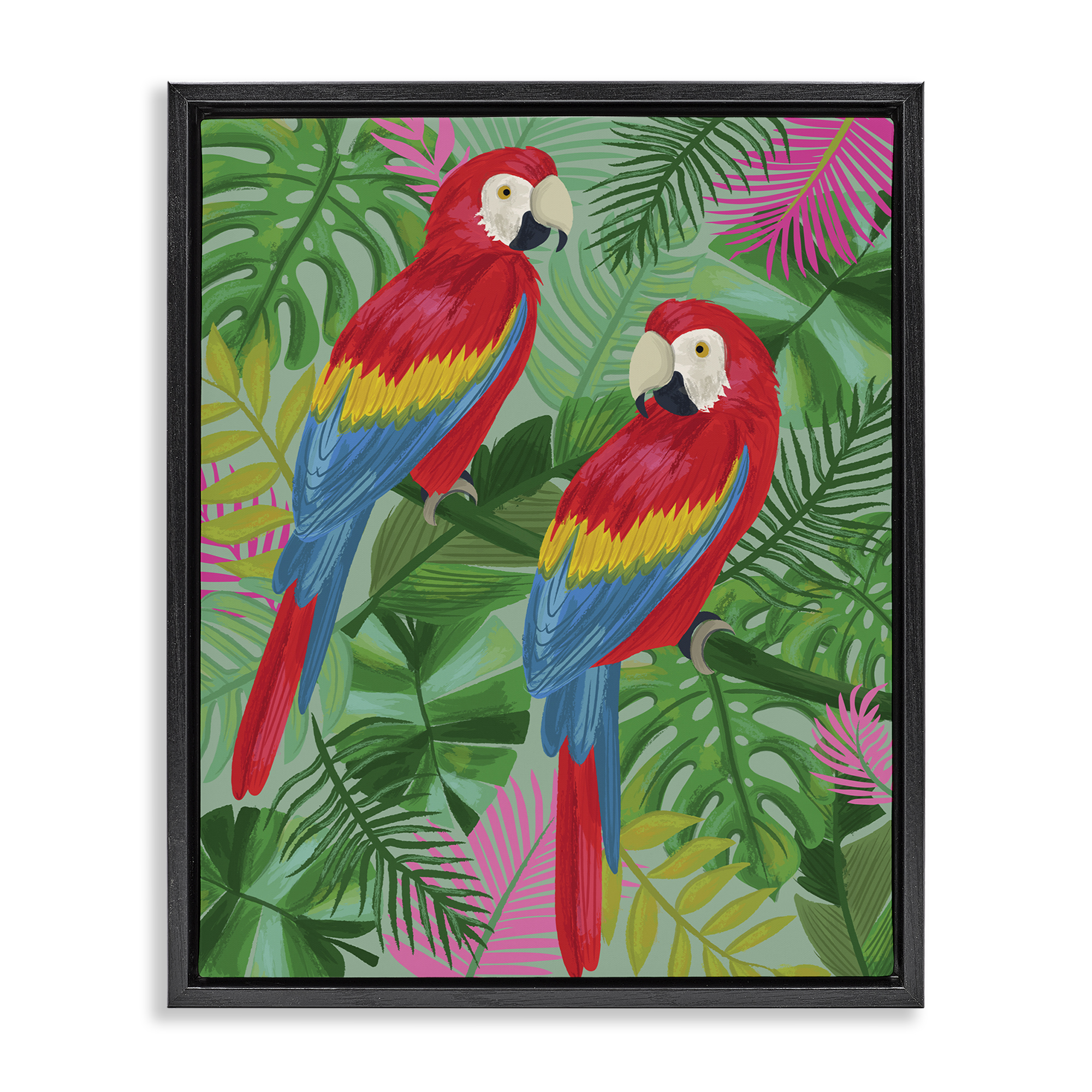 Stupell Industries Pink Paradise Parrots Animals Painting Black Floater Framed Canvas Art Print Wall Art, 25 x 31