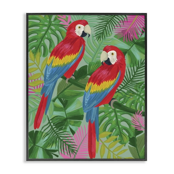 Stupell Industries Pink Paradise Parrots Animals Painting Black Framed Art Print Wall Art, 11 x 14