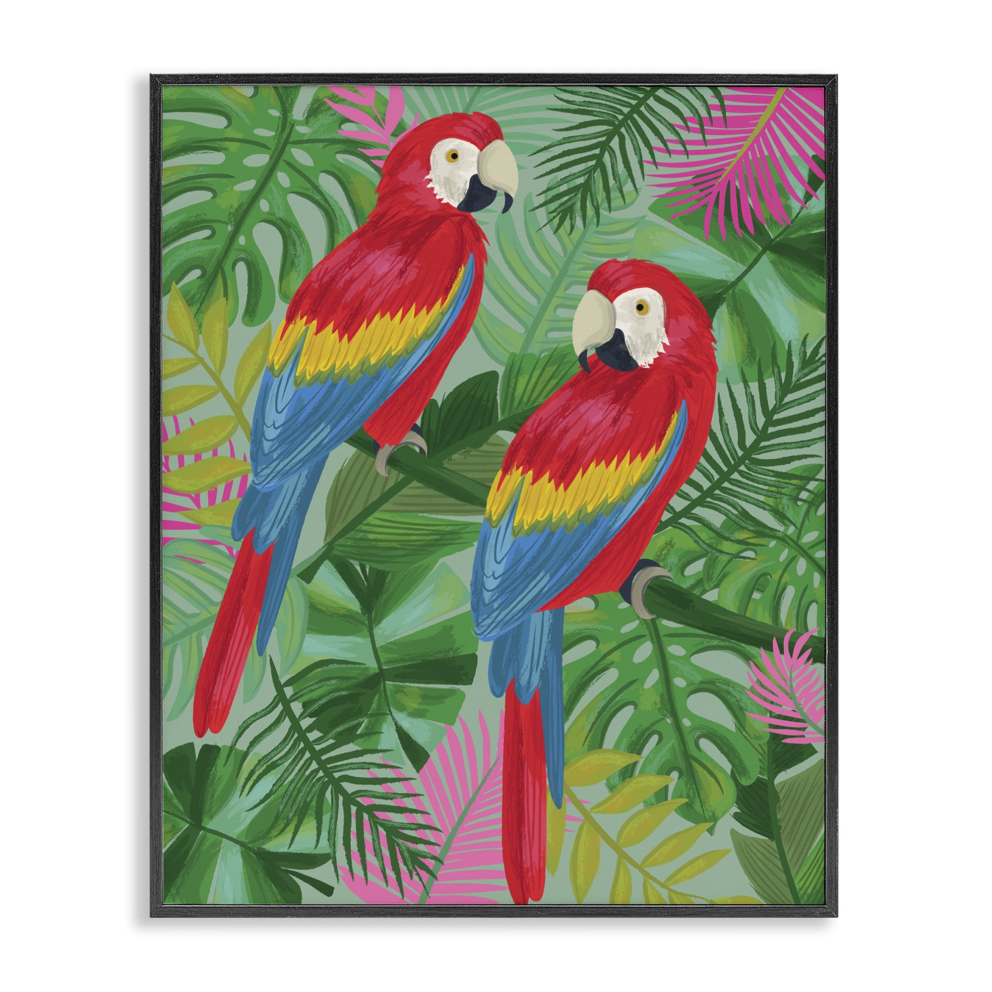 Stupell Industries Pink Paradise Parrots Animals Painting Black Framed Art Print Wall Art, 24 x 30