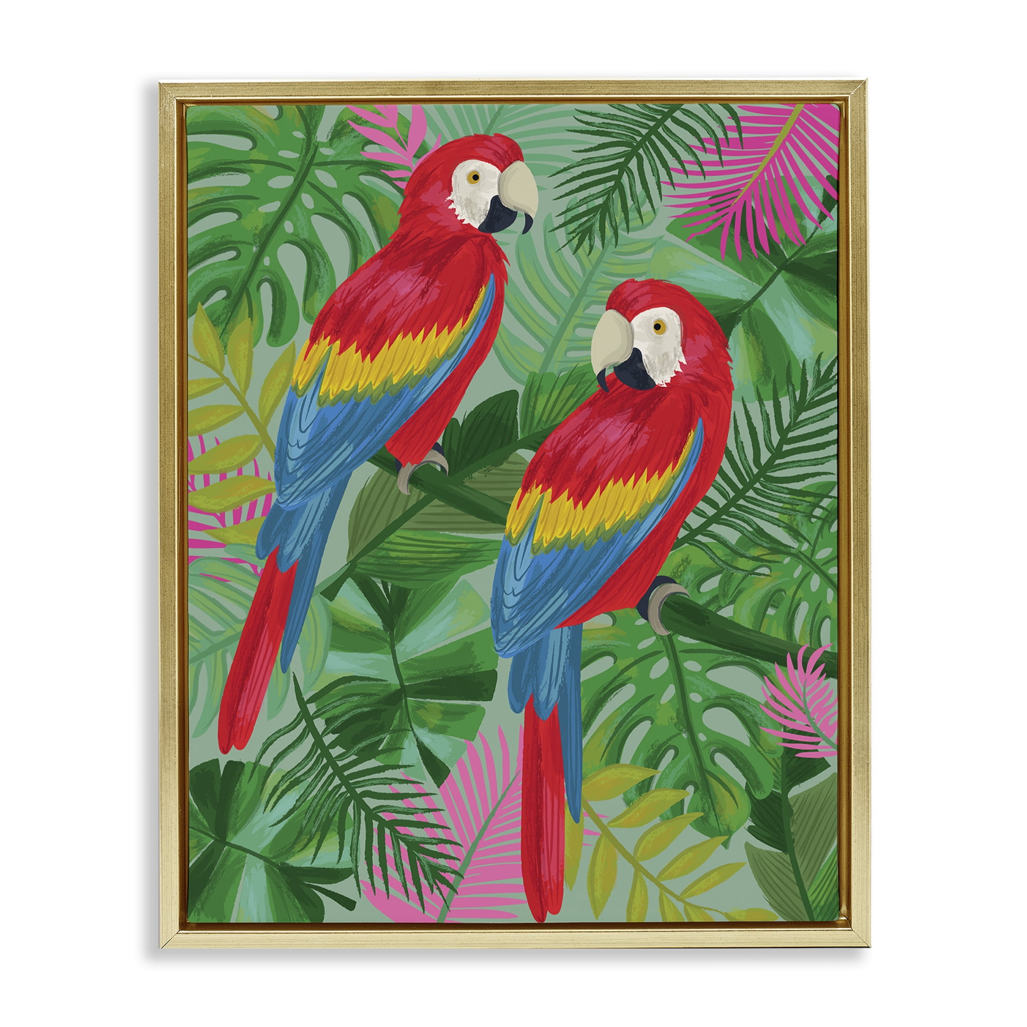 Stupell Industries Pink Paradise Parrots Animals Painting Gold Floater Framed Canvas Art Print Wall Art, 25 x 31
