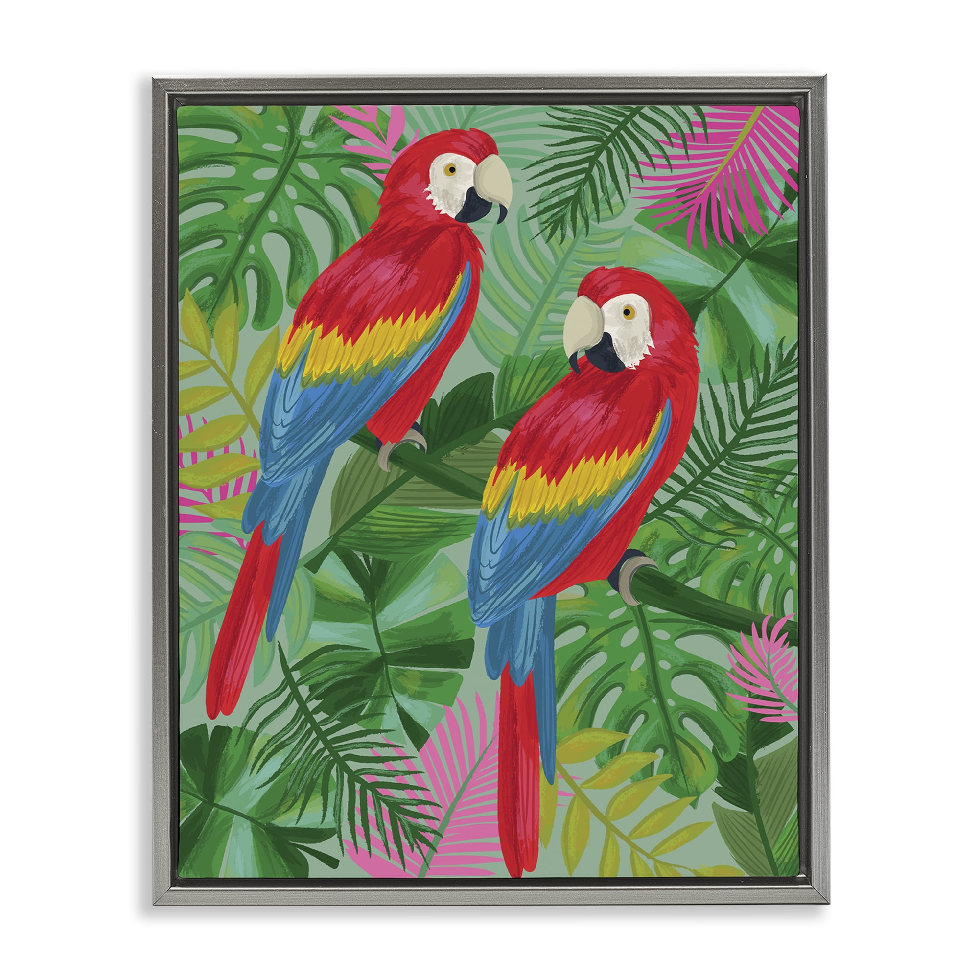 Stupell Industries Pink Paradise Parrots Animals Painting Gray Floater Framed Canvas Art Print Wall Art, 17 x 21