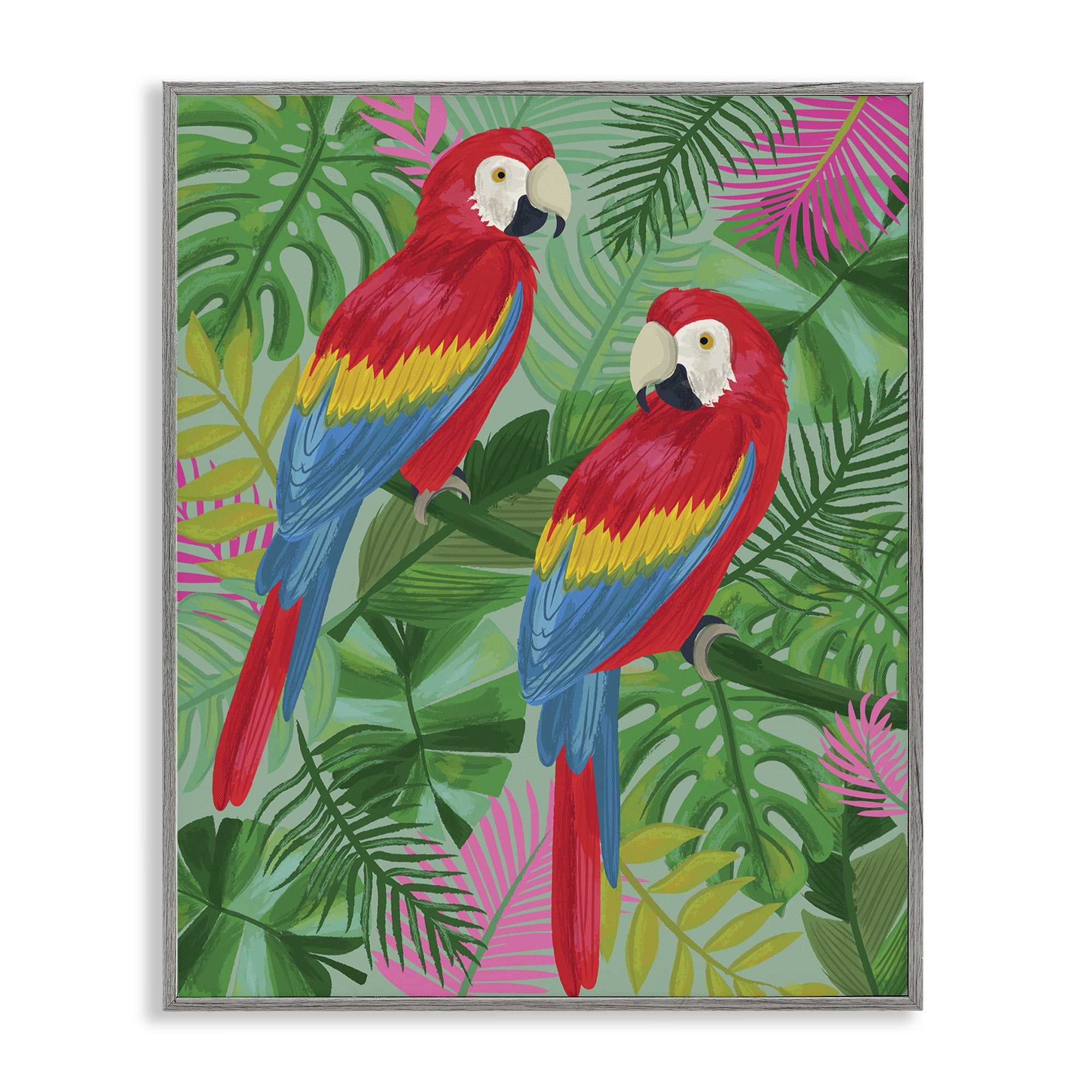 Stupell Industries Pink Paradise Parrots Animals Painting Gray Framed Art Print Wall Art, 16 x 20