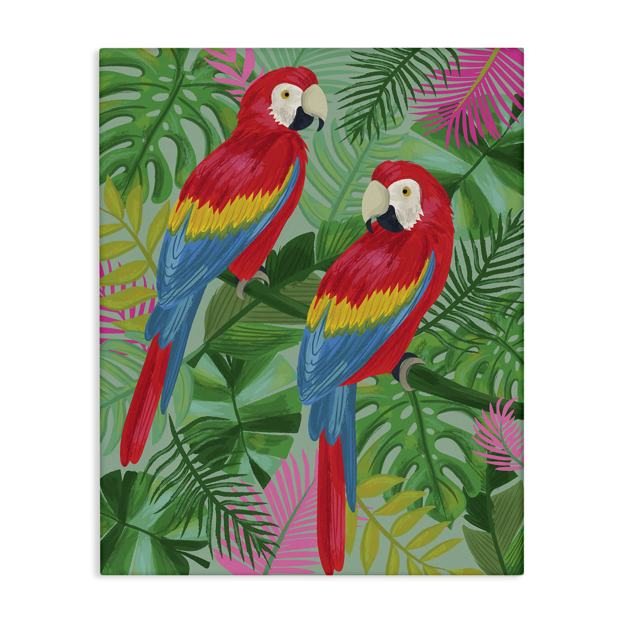 Stupell Industries Pink Paradise Parrots Animals Painting Wrapped Canvas Art Print Wall Art, 16 x 20