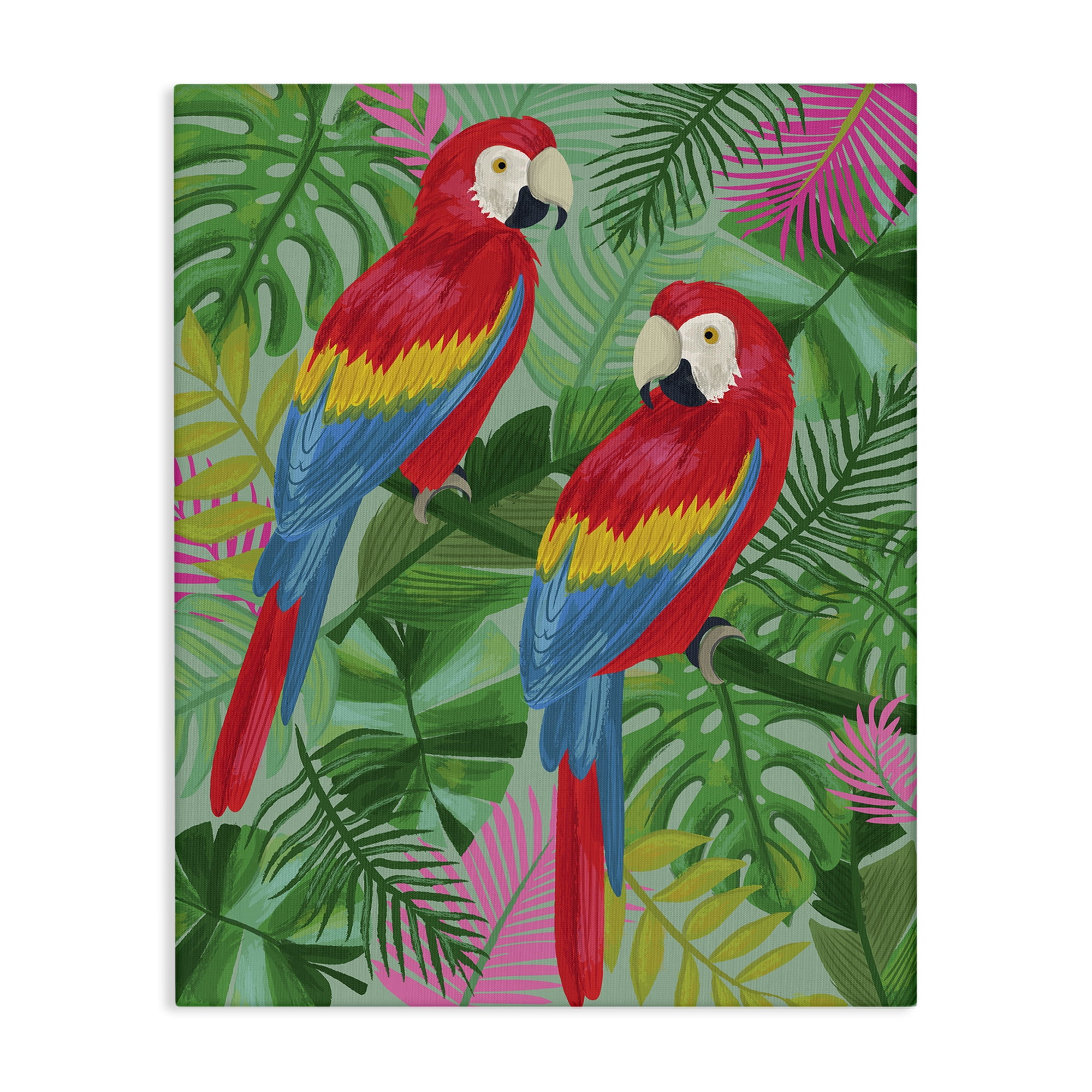 Stupell Industries Pink Paradise Parrots Animals Painting Wrapped Canvas Art Print Wall Art, 36 x 48
