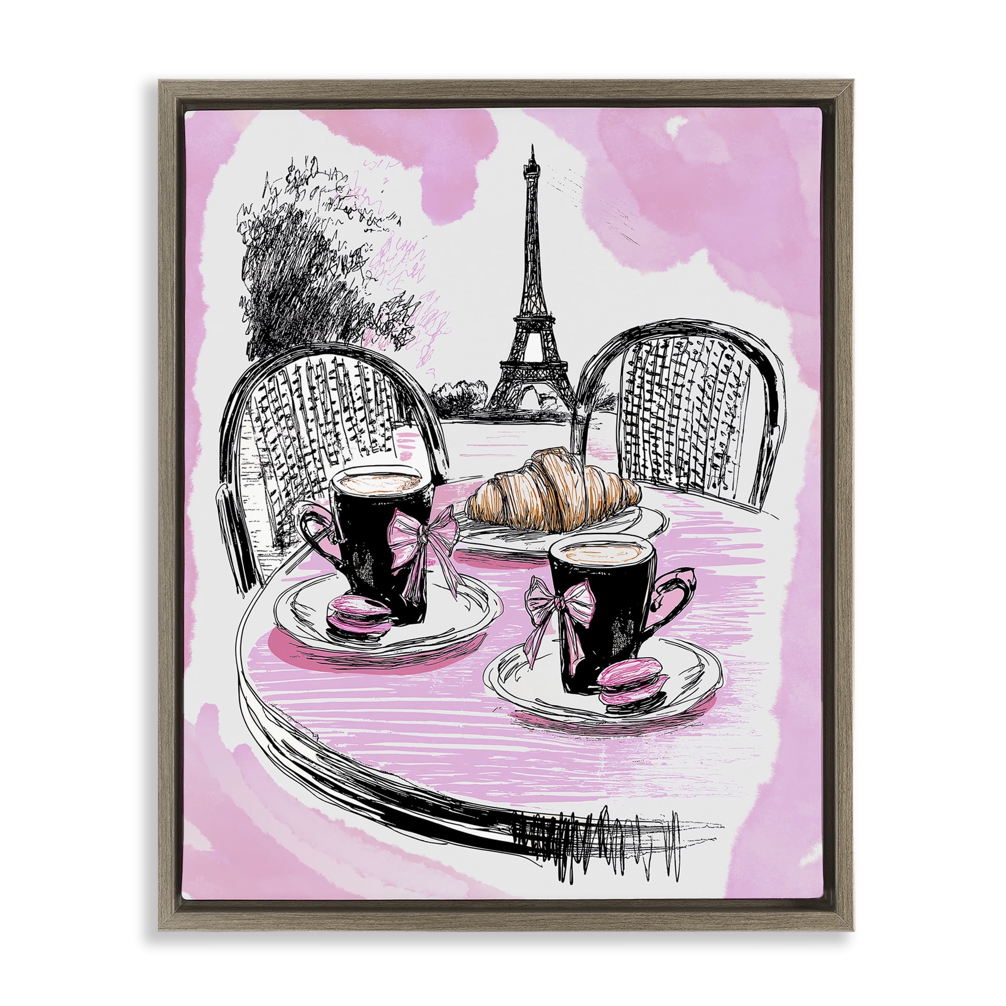 Stupell Industries Pink Parisian Cafe Breakfast Brown Framed Floater Canvas Wall Art, design by Jess Stempel