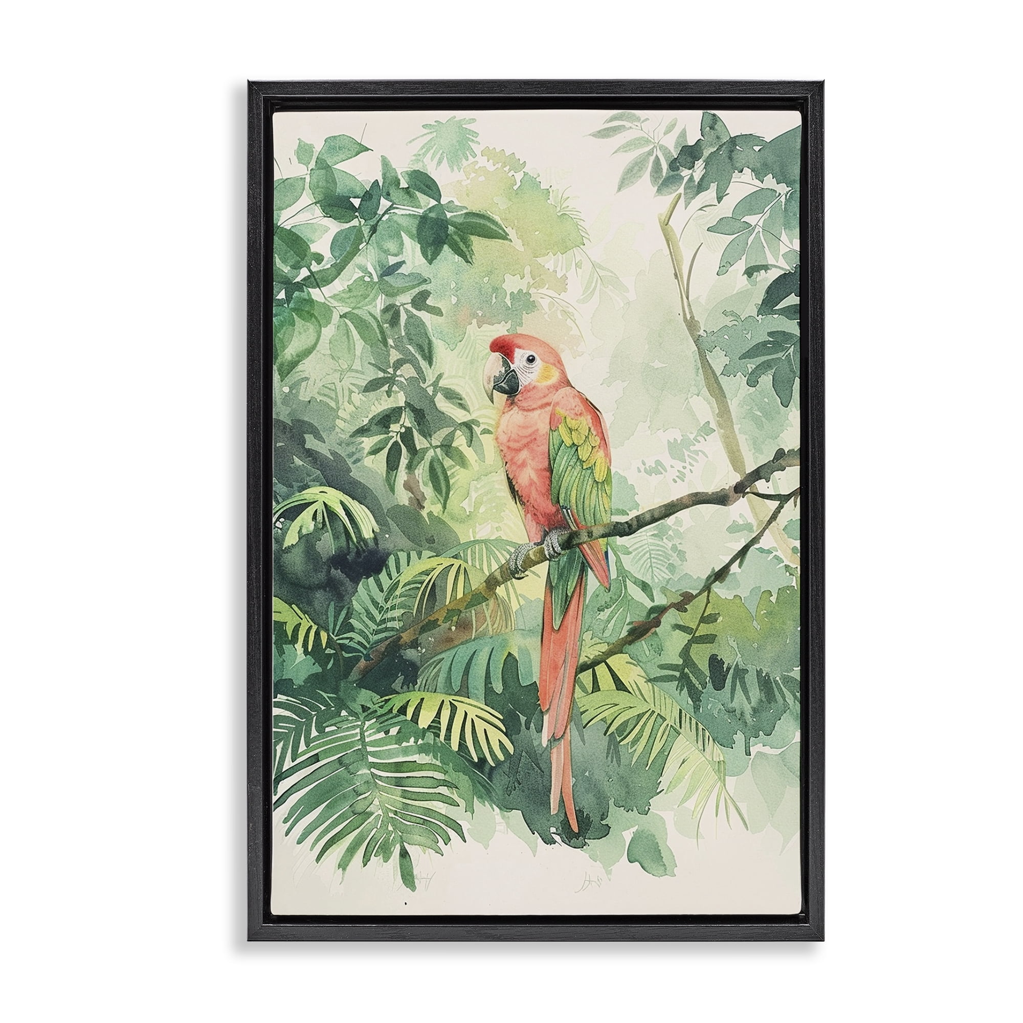 Stupell Industries Pink Parrot in Jungle Animals Painting Black Floater Framed Canvas Art Print Wall Art, 17 x 25