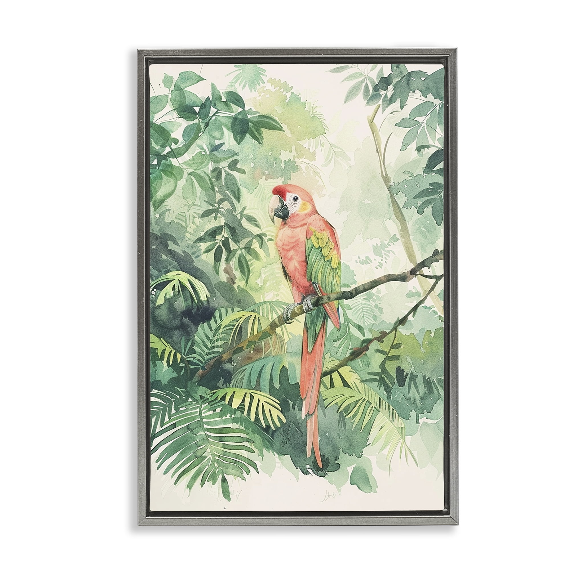 Stupell Industries Pink Parrot in Jungle Animals Painting Gray Floater Framed Canvas Art Print Wall Art, 17 x 25