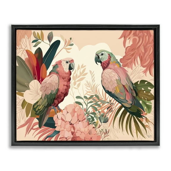 Stupell Industries Pink Parrots & Leaves Animals & Insects Painting Black Floater Framed Canvas Art Print Wall Art, 21 x 17