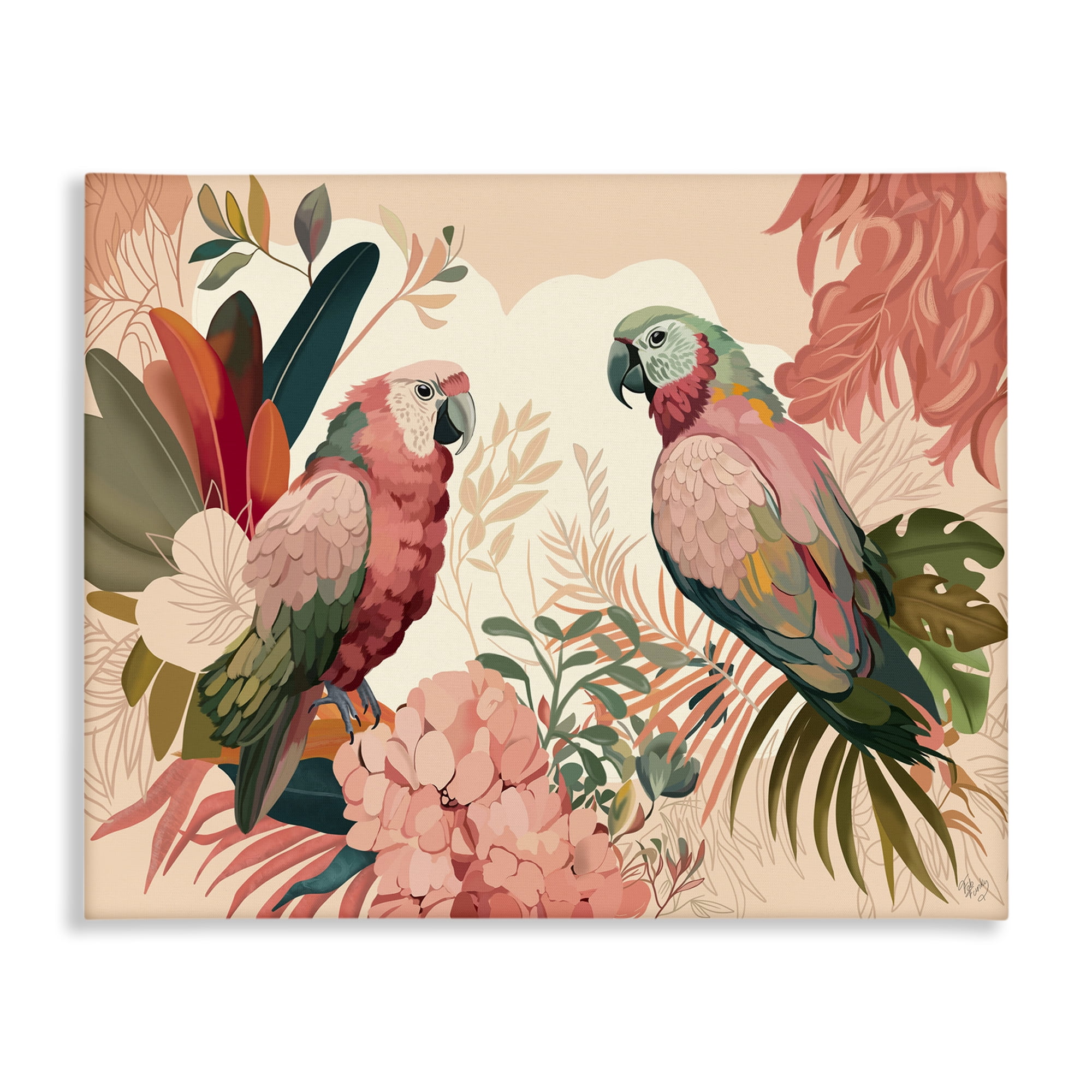 Stupell Industries Pink Parrots & Leaves Animals & Insects Painting Gallery Wrapped Canvas Art Print Wall Art, 48 x 36