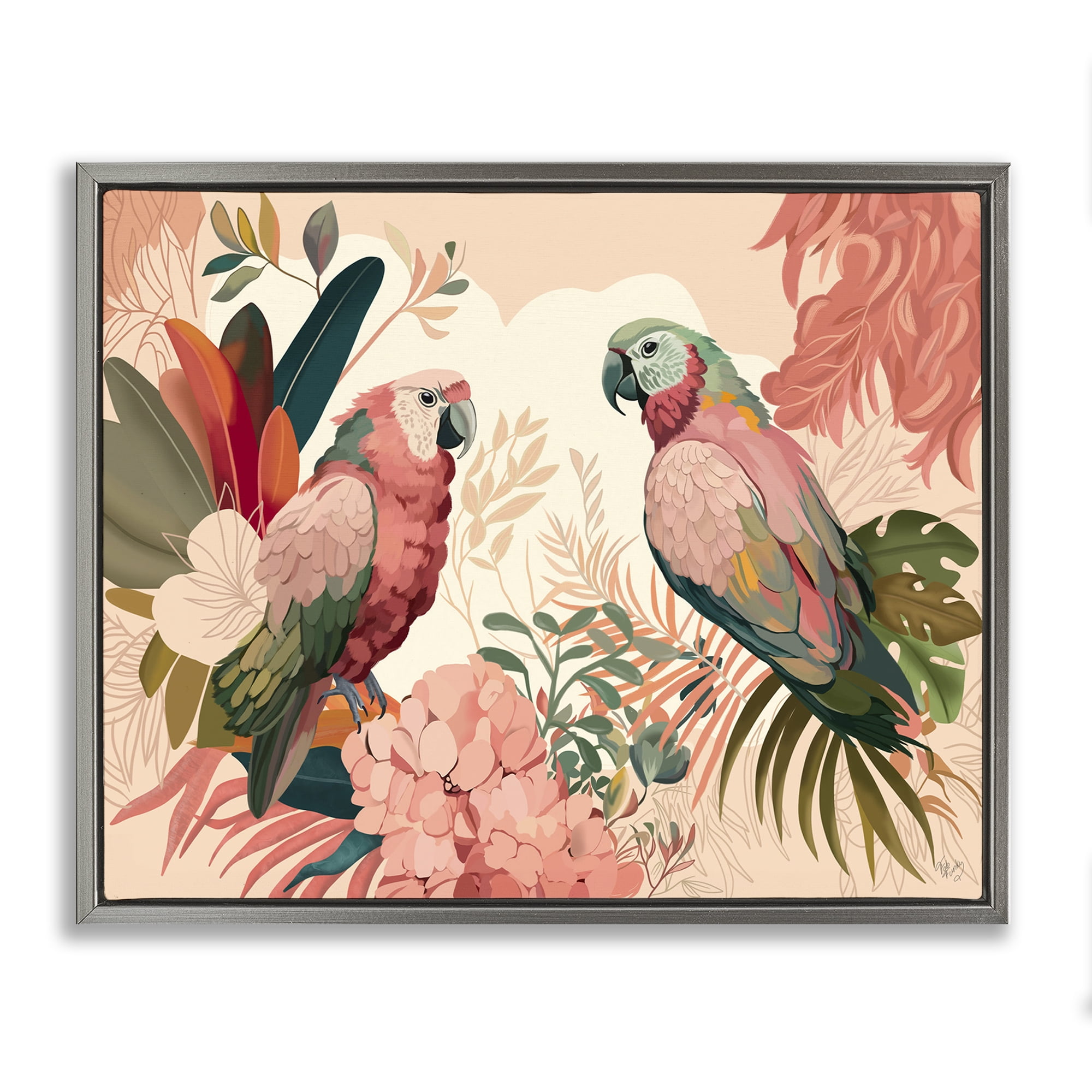 Stupell Industries Pink Parrots & Leaves Animals & Insects Painting Gray Floater Framed Canvas Art Print Wall Art, 21 x 17