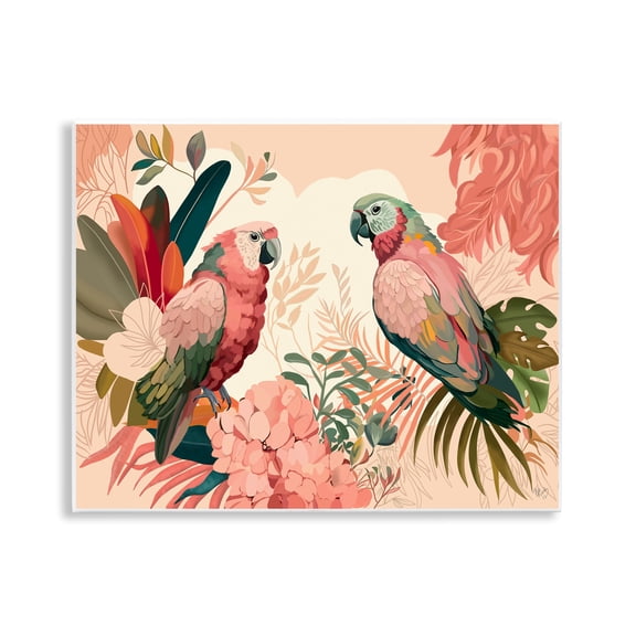 Stupell Industries Pink Parrots & Leaves Animals & Insects Painting Unframed Art Print Wall Art, 14 x 11