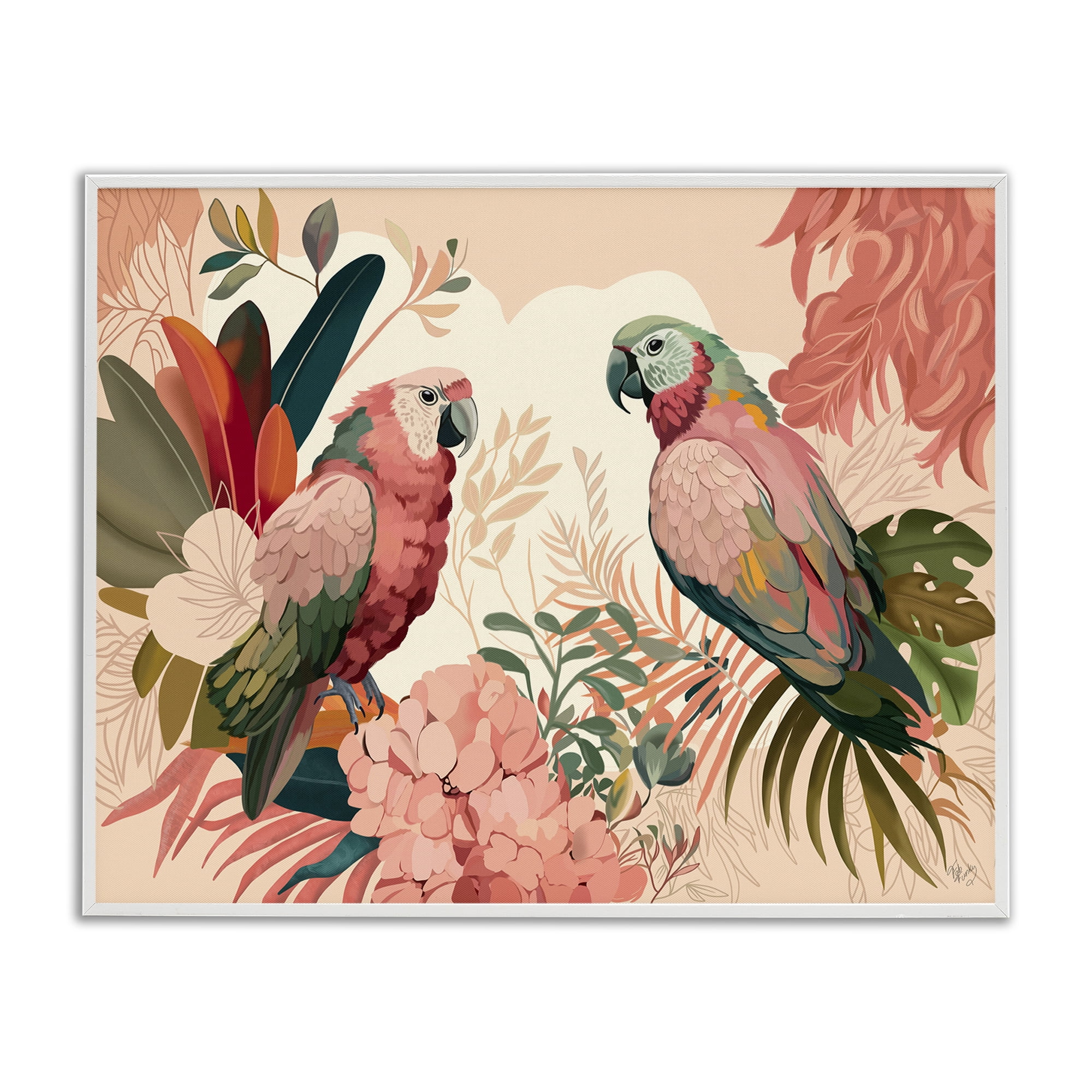 Stupell Industries Pink Parrots & Leaves Animals & Insects Painting White Framed Art Print Wall Art, 14 x 11