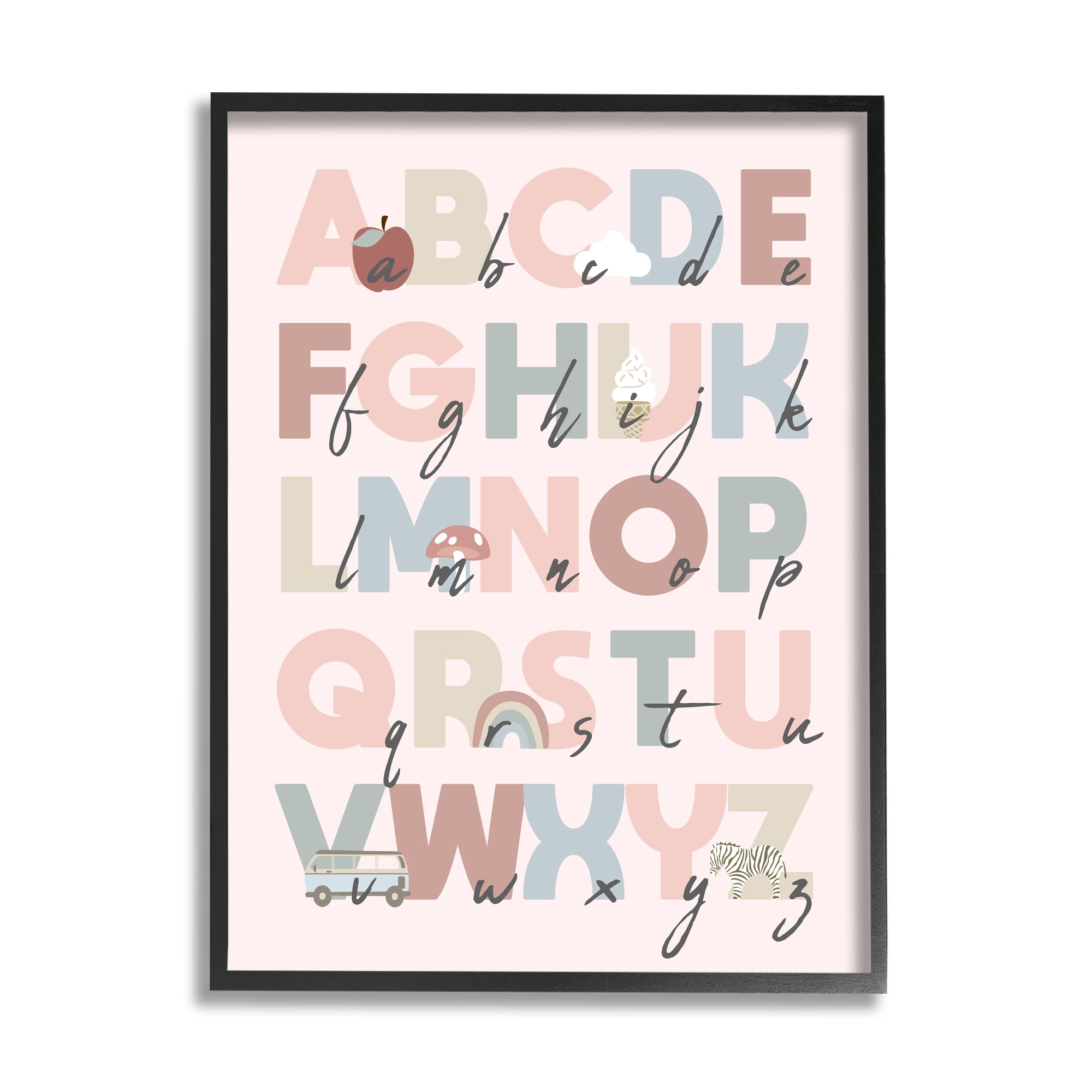 Stupell Industries Pink Pastel Alphabet Chart Botanical & Floral Painting Black Framed Art Print Wall Art, 24 x 30