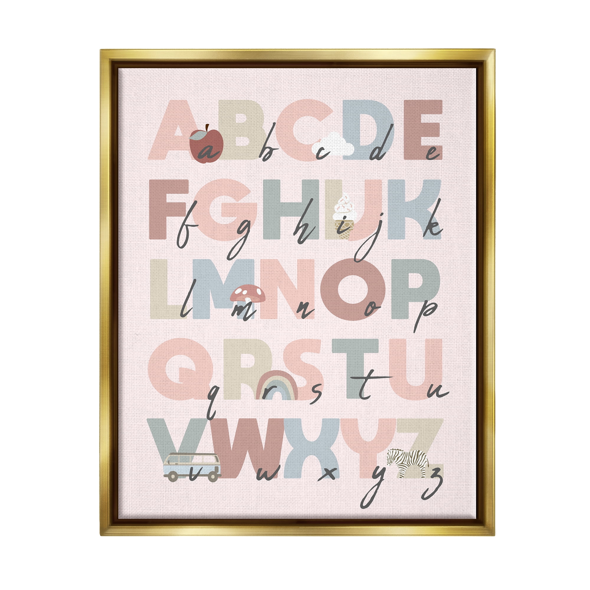 Stupell Industries Pink Pastel Alphabet Chart Botanical & Floral Painting Gold Floater Framed Canvas Art Print Wall Art, 17 x 21