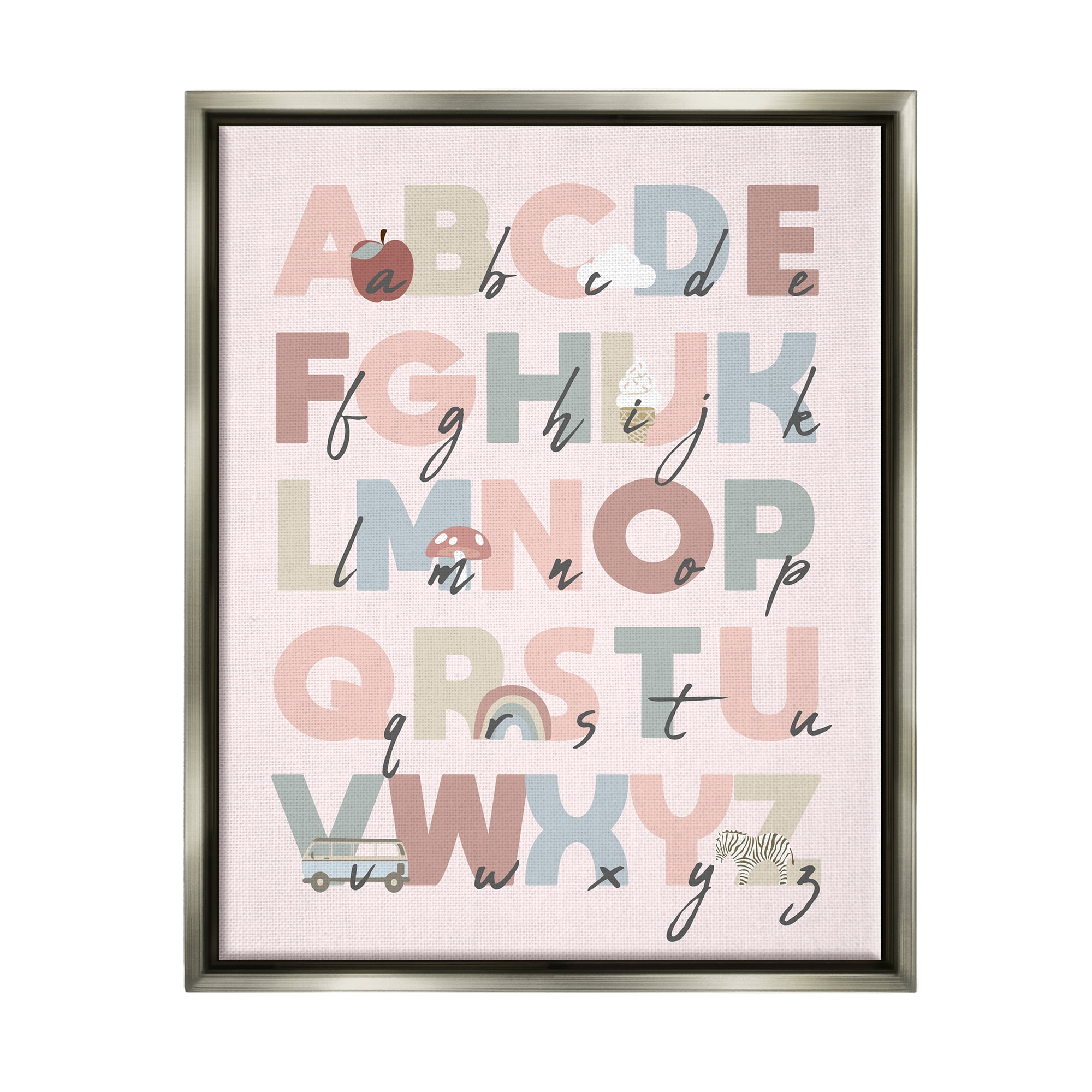 Stupell Industries Pink Pastel Alphabet Chart Botanical & Floral Painting Gray Floater Framed Canvas Art Print Wall Art, 25 x 31