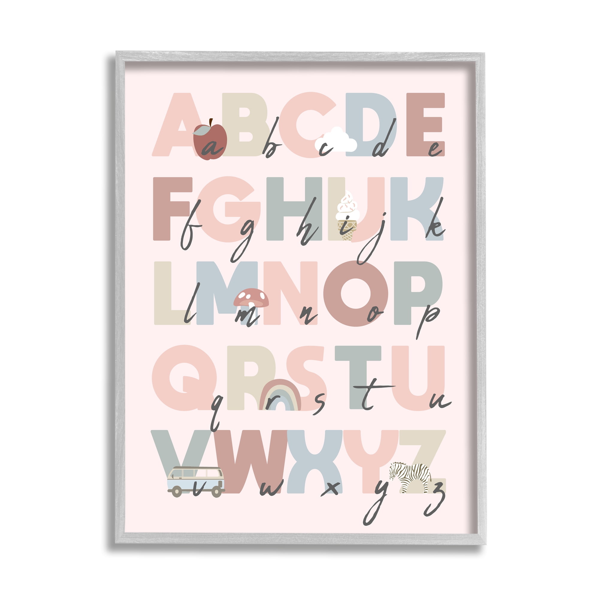 Stupell Industries Pink Pastel Alphabet Chart Botanical & Floral Painting Gray Framed Art Print Wall Art, 11 x 14