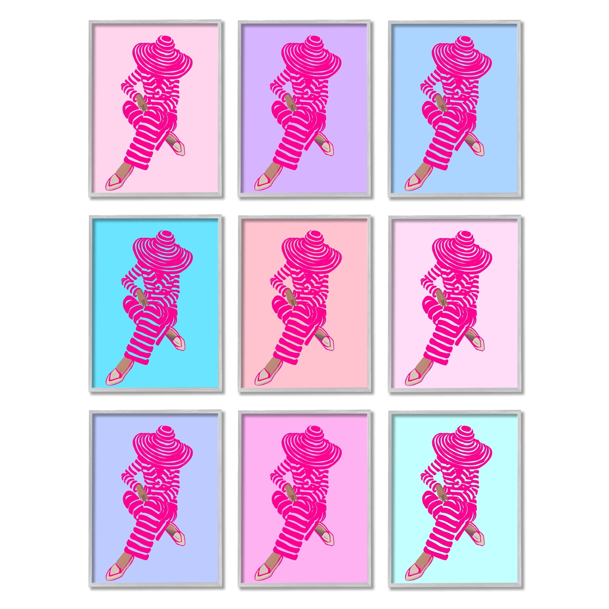 Stupell Industries Pink Pastel Doll Style Fashion Silhouettes Glam Trends Graphic Art Gray Framed Art Print Wall Art, Set of 9, Design by Amelia Noyes