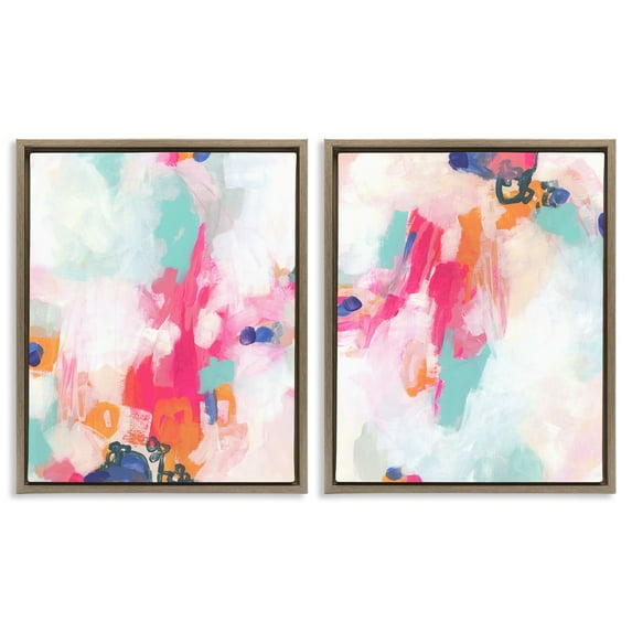 Stupell Industries Pink & Pastel Splotches Abstract Painting Brown Floater Framed Canvas Art Print Wall Art, 31 x 25, Set of 2