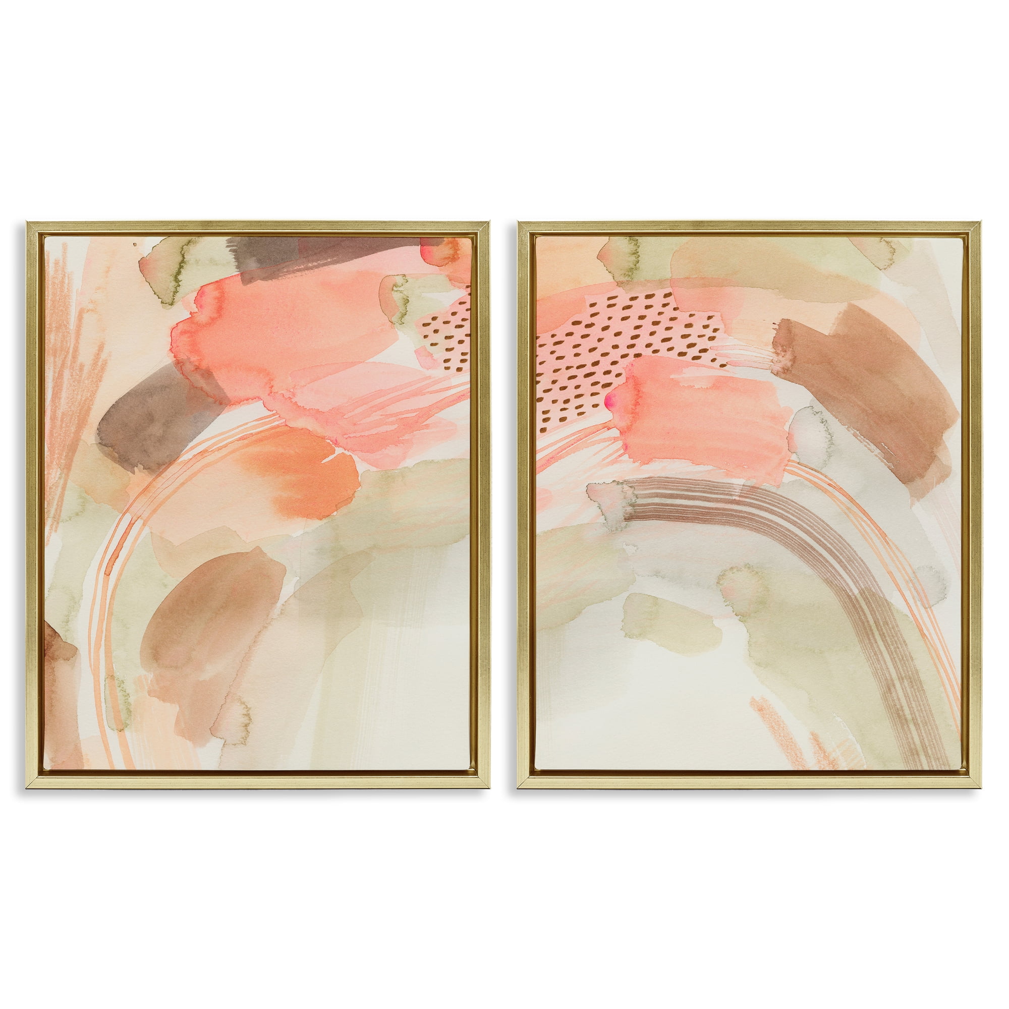 Stupell Industries Pink Peach Abstract Watercolor Abstract Painting Gold Floater Framed Canvas Art Print Wall Art, 17 x 21, Set of 2