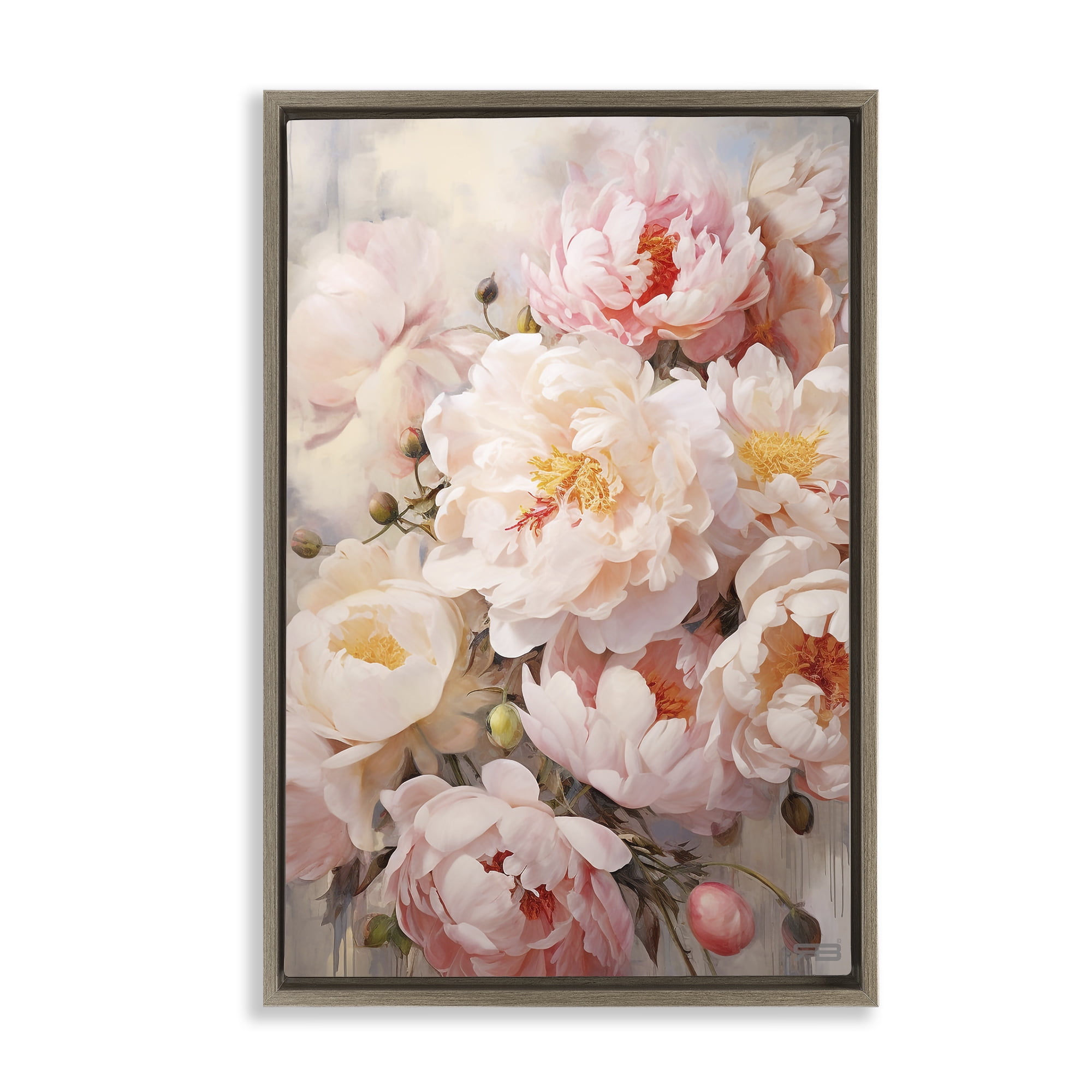 Pink Peonies Collage Botanical Canvas Art with Brown Frame