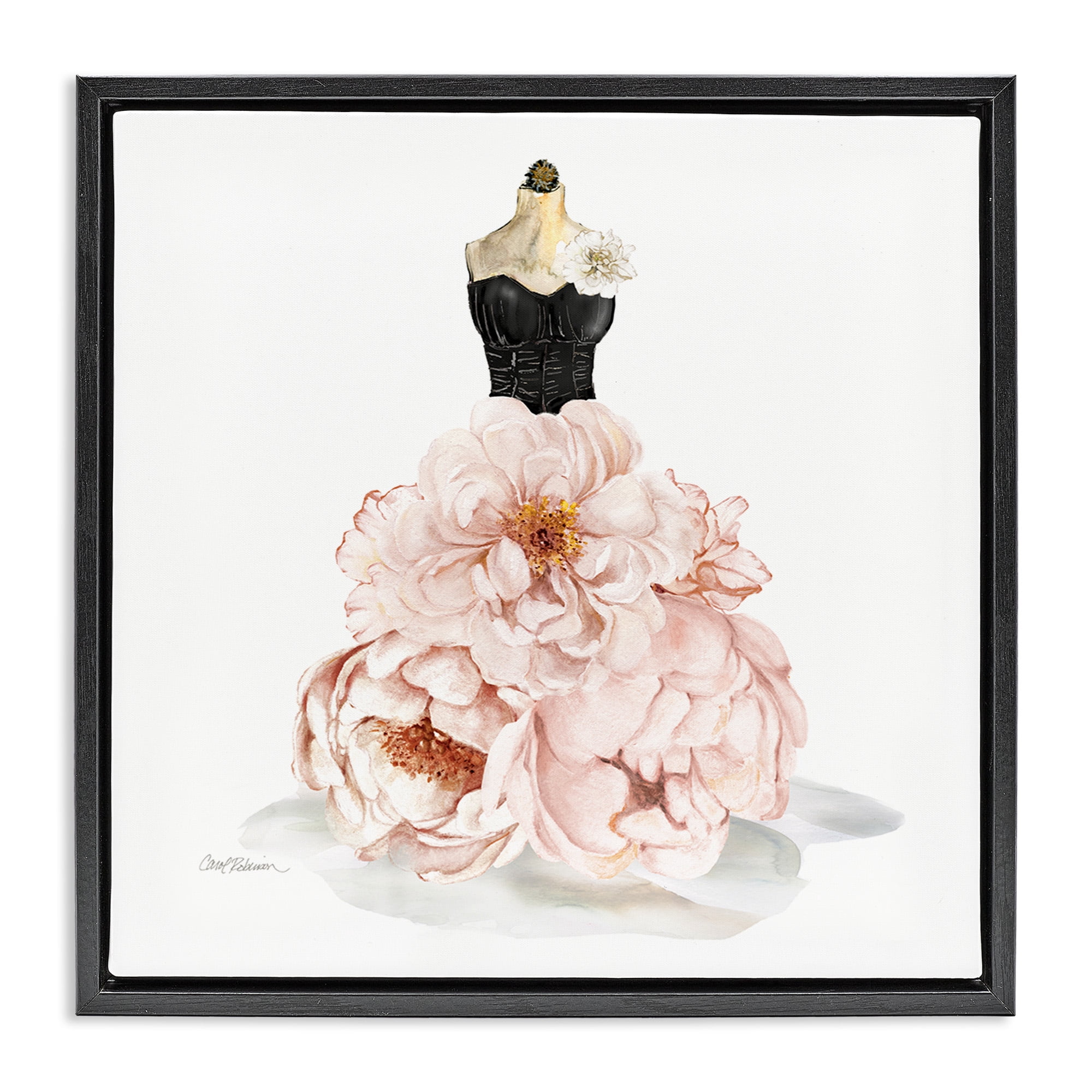 Stupell Industries Pink Peonies Floral Dress Beauty & Fashion Painting Black Floater Framed Canvas Art Print Wall Art, 18 x 18