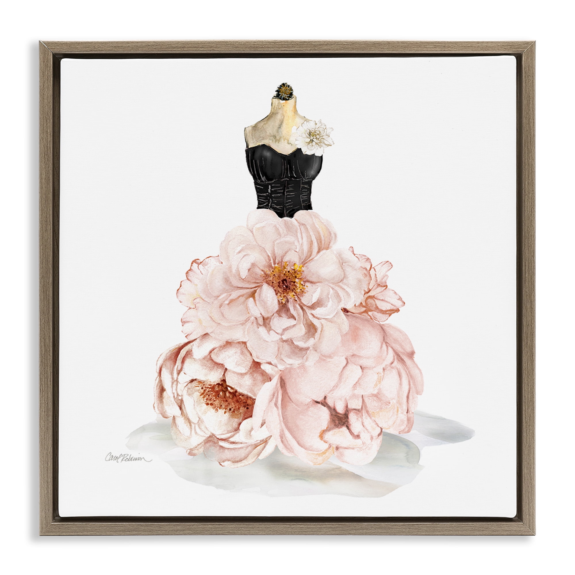 Stupell Industries Pink Peonies Floral Dress Beauty & Fashion Painting Brown Floater Framed Canvas Art Print Wall Art, 18 x 18