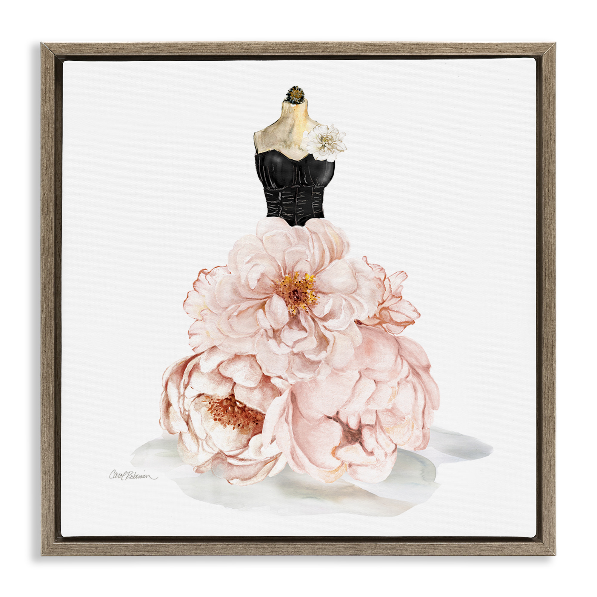 Stupell Industries Pink Peonies Floral Dress Beauty & Fashion Painting Brown Floater Framed Canvas Art Print Wall Art, 25 x 25