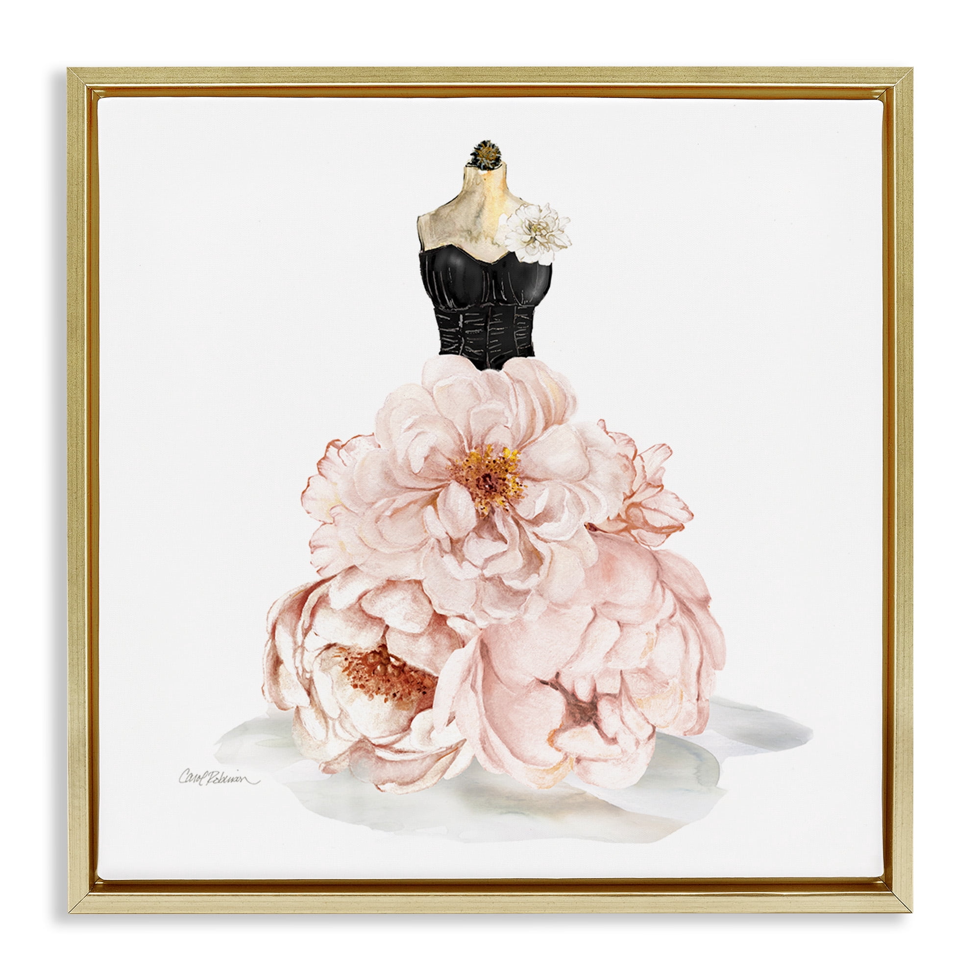 Stupell Industries Pink Peonies Floral Dress Beauty & Fashion Painting Gold Floater Framed Canvas Art Print Wall Art, 18 x 18