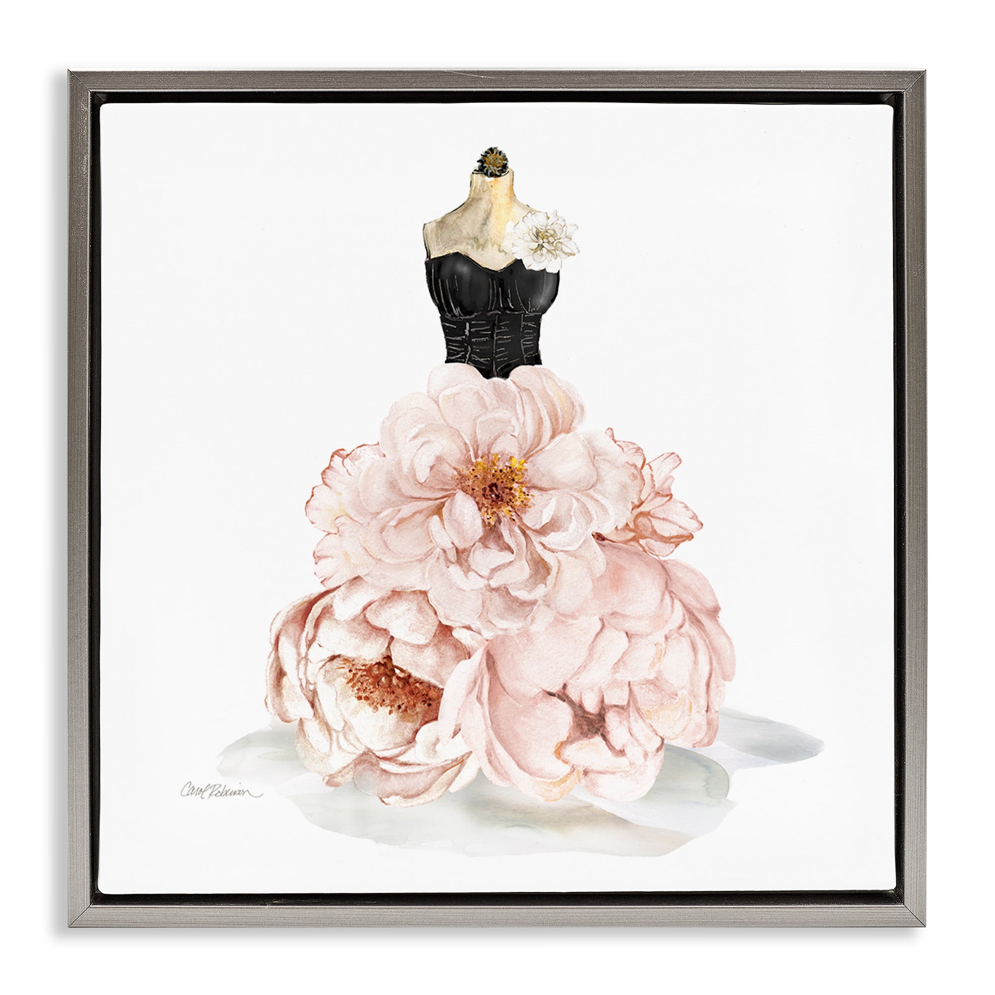 Stupell Industries Pink Peonies Floral Dress Beauty & Fashion Painting Gray Floater Framed Canvas Art Print Wall Art, 18 x 18