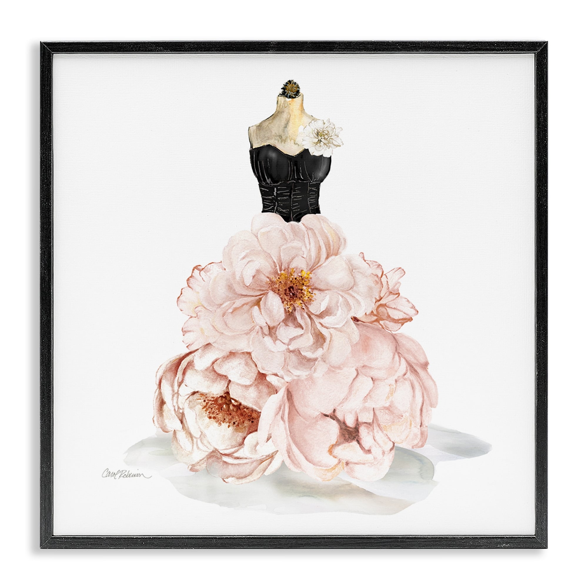 Stupell Industries Pink Peonies Floral Dress Black Corset Fashion Mannequin Beauty & Fashion Painting Black Framed Art Print Wall Art, 12 x 12