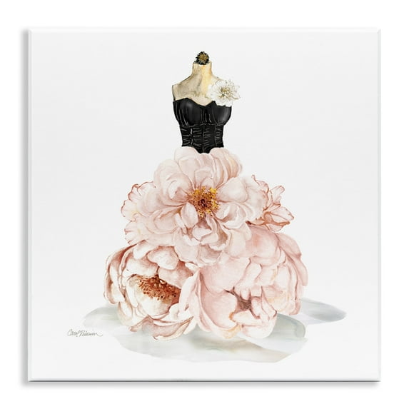 Stupell Industries Pink Peonies Floral Dress Black Corset Fashion Mannequin Beauty & Fashion Painting Unframed Art Print Wall Art, 12 x 12