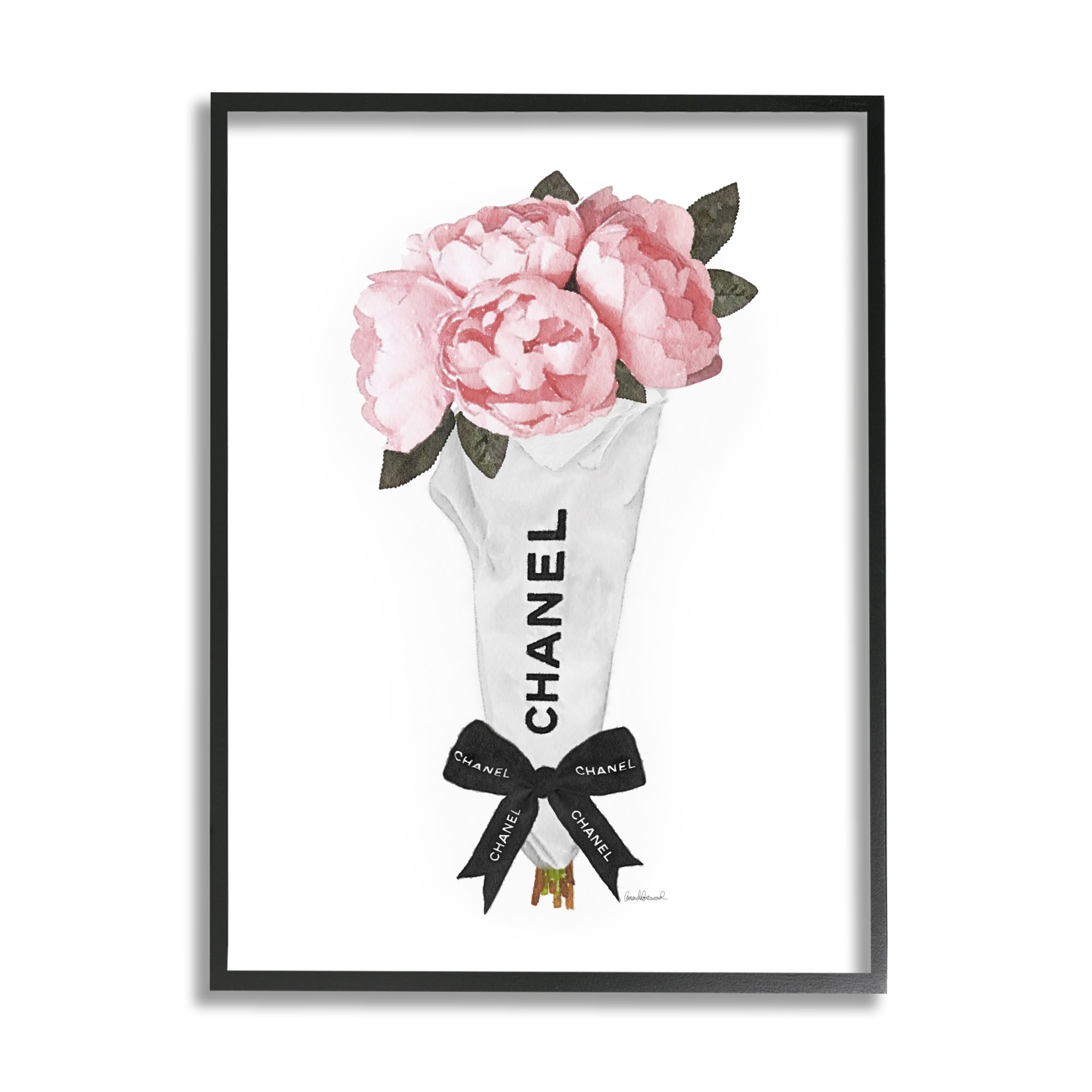 Stupell Industries Pink Peonies Flower Bouquet Glam Fashion Bow Botanical & Floral Painting Black Framed Art Print Wall Art, 11 x 14