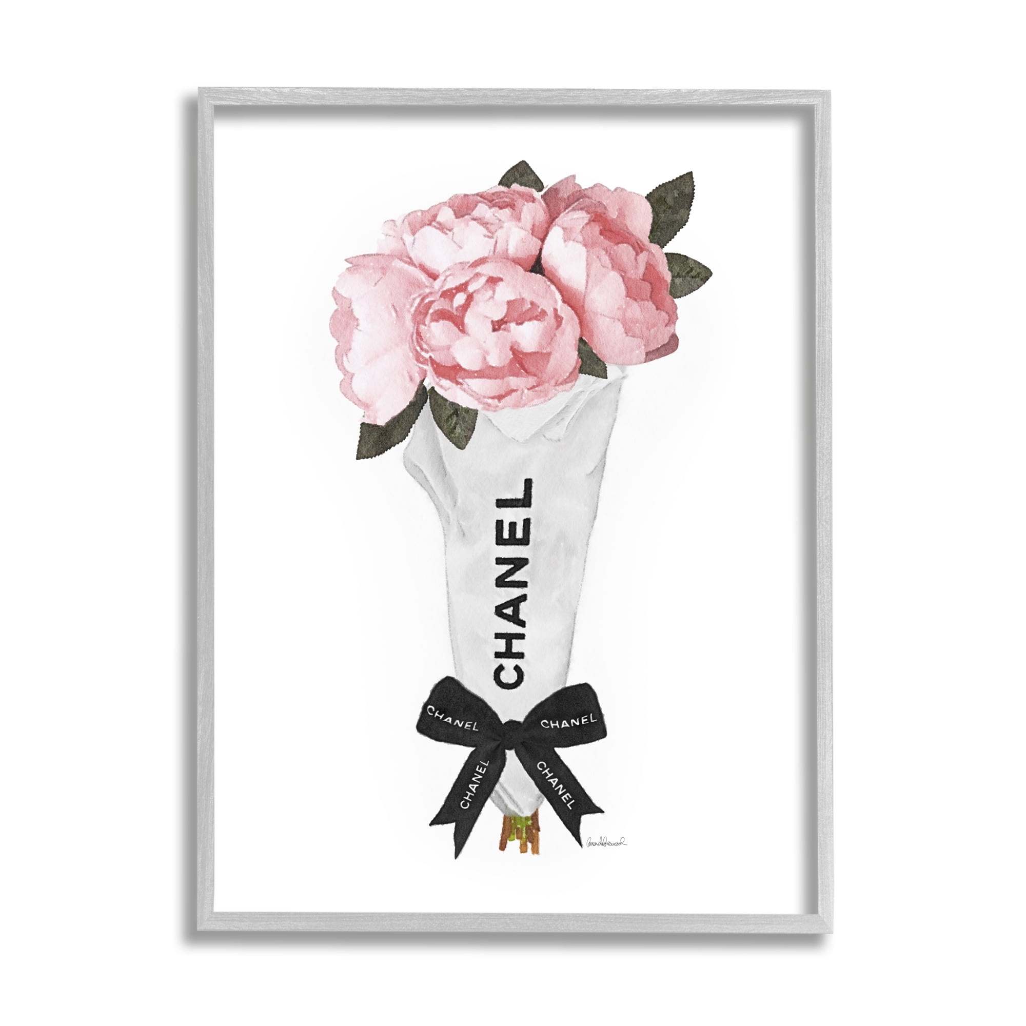 Stupell Industries Pink Peonies Flower Bouquet Glam Fashion Bow Botanical & Floral Painting Gray Framed Art Print Wall Art, 11 x 14