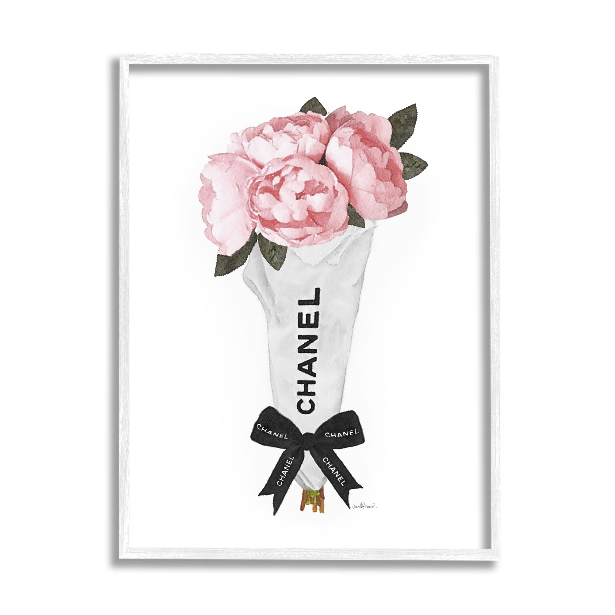 Stupell Industries Pink Peonies Flower Bouquet Glam Fashion Bow Botanical & Floral Painting White Framed Art Print Wall Art, 24 x 30
