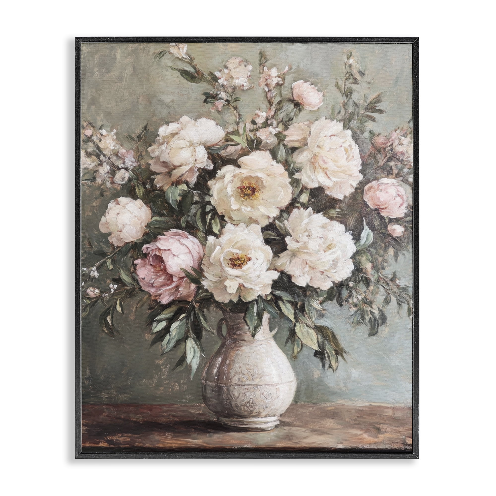 Stupell Industries Pink Peonies Ornate Vase Plants & Flowers Painting Black Framed Art Print Wall Art, 16 x 20