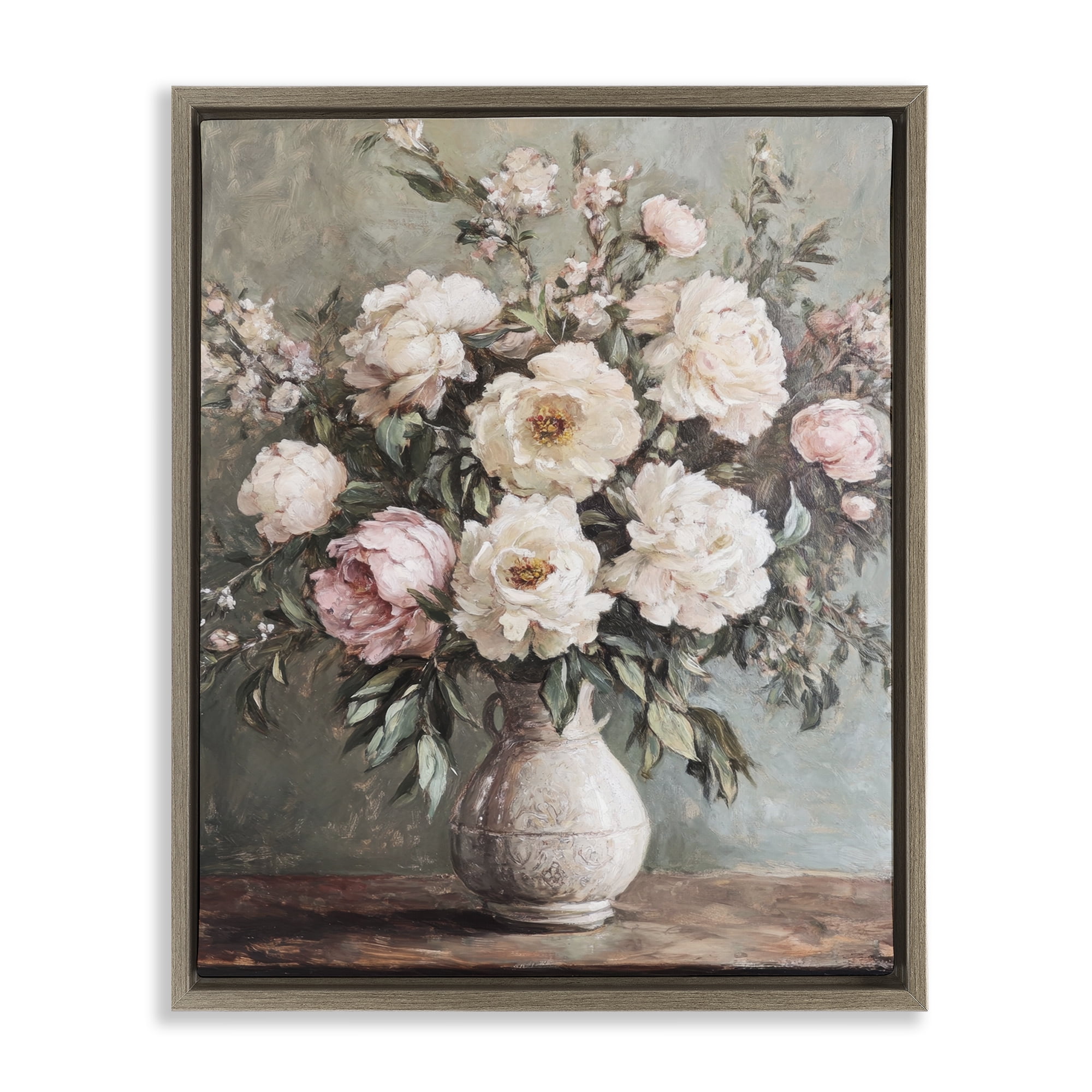 Stupell Industries Pink Peonies Ornate Vase Plants & Flowers Painting Brown Floater Framed Canvas Art Print Wall Art, 17 x 21