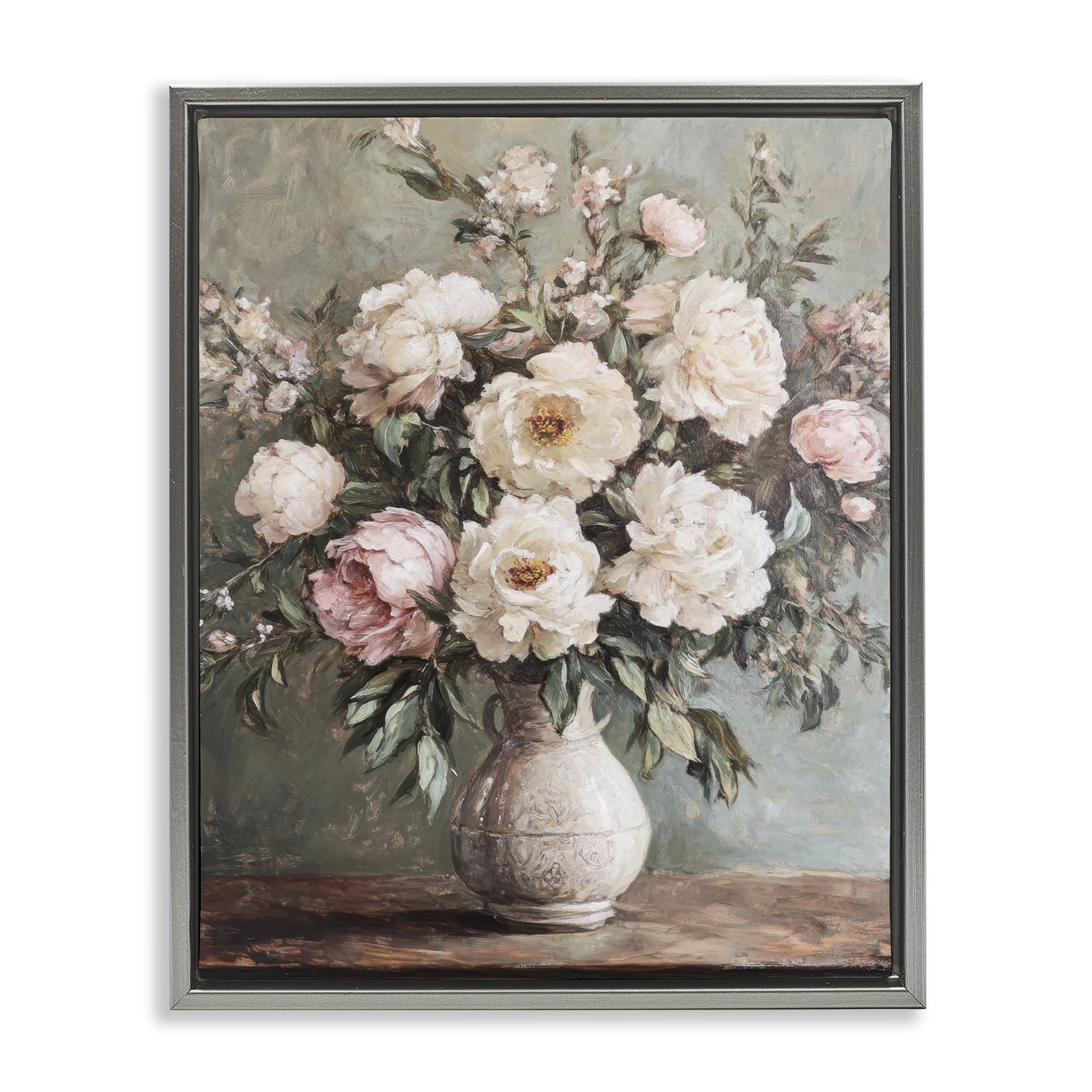 Stupell Industries Pink Peonies Ornate Vase Plants & Flowers Painting Gray Floater Framed Canvas Art Print Wall Art, 17 x 21