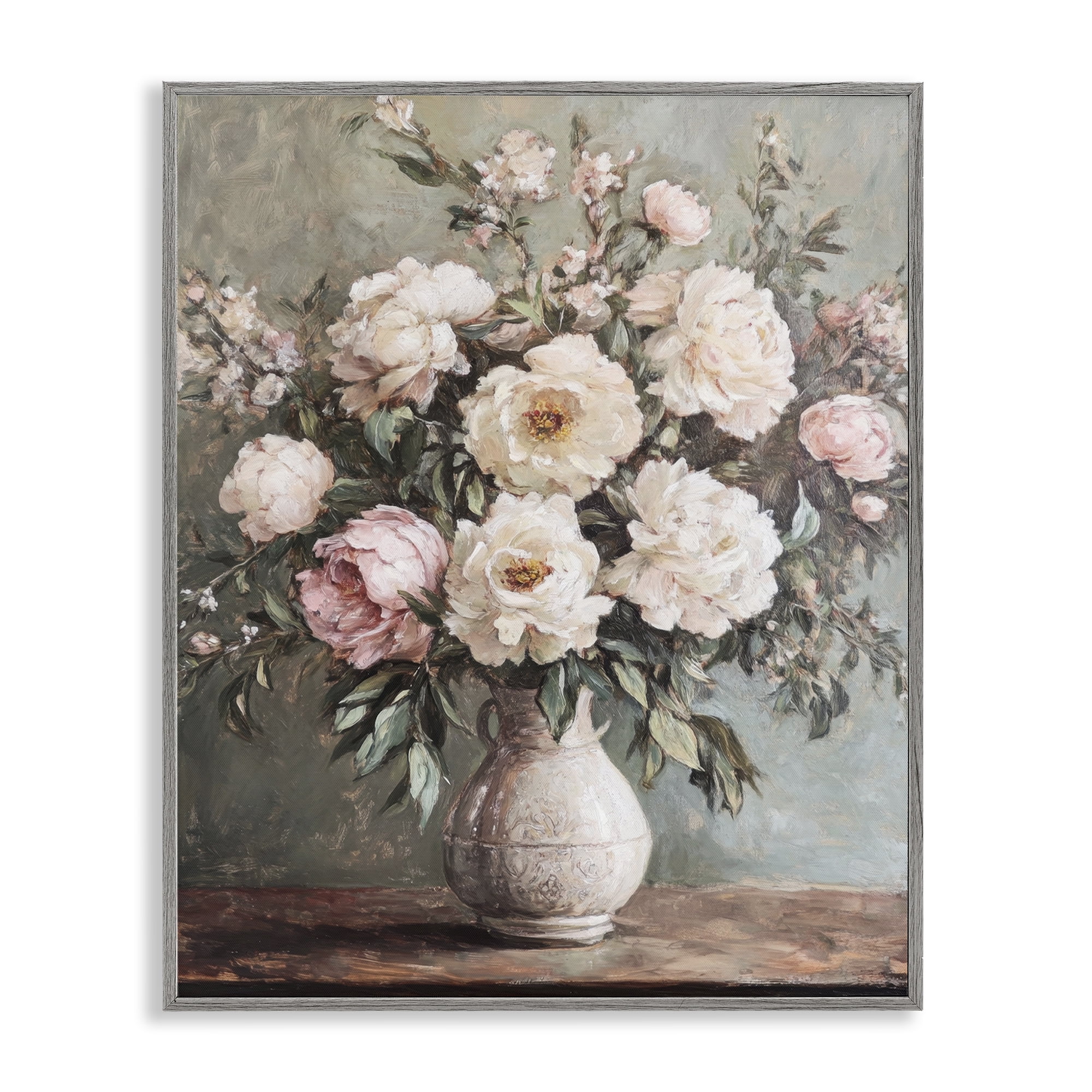 Stupell Industries Pink Peonies Ornate Vase Plants & Flowers Painting Gray Framed Art Print Wall Art, 11 x 14