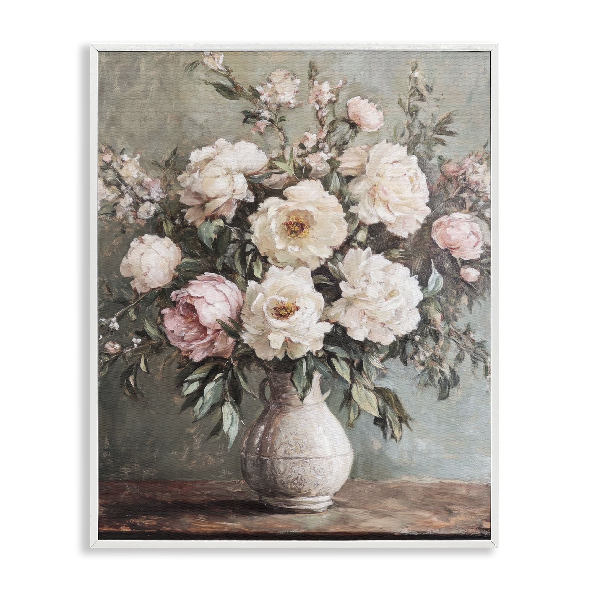 Stupell Industries Pink Peonies Ornate Vase Plants & Flowers Painting White Framed Art Print Wall Art, 24 x 30
