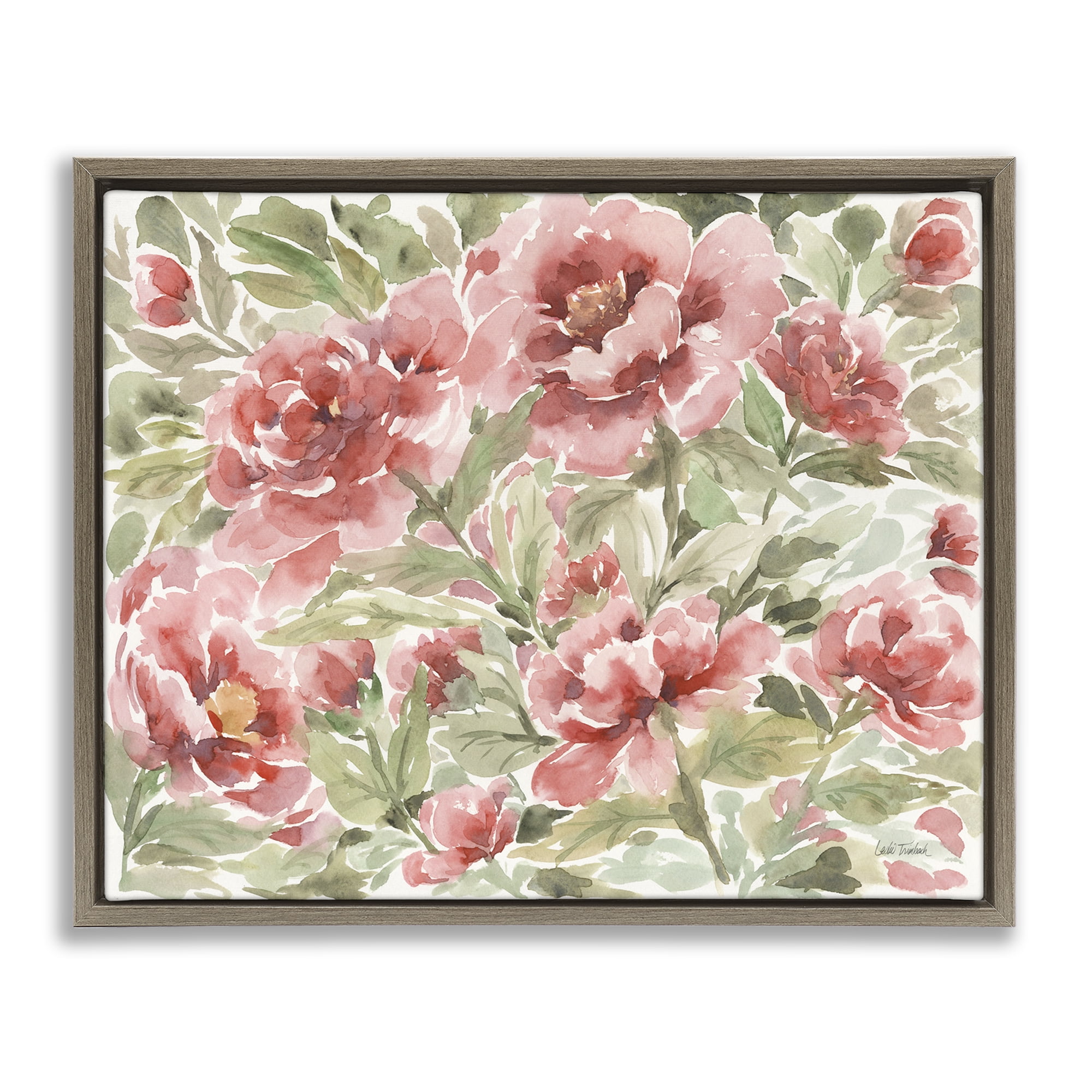 Stupell Industries Pink Peonies Pattern Botanical & Floral Painting Brown Floater Framed Art Print Wall Art, 31 x 25