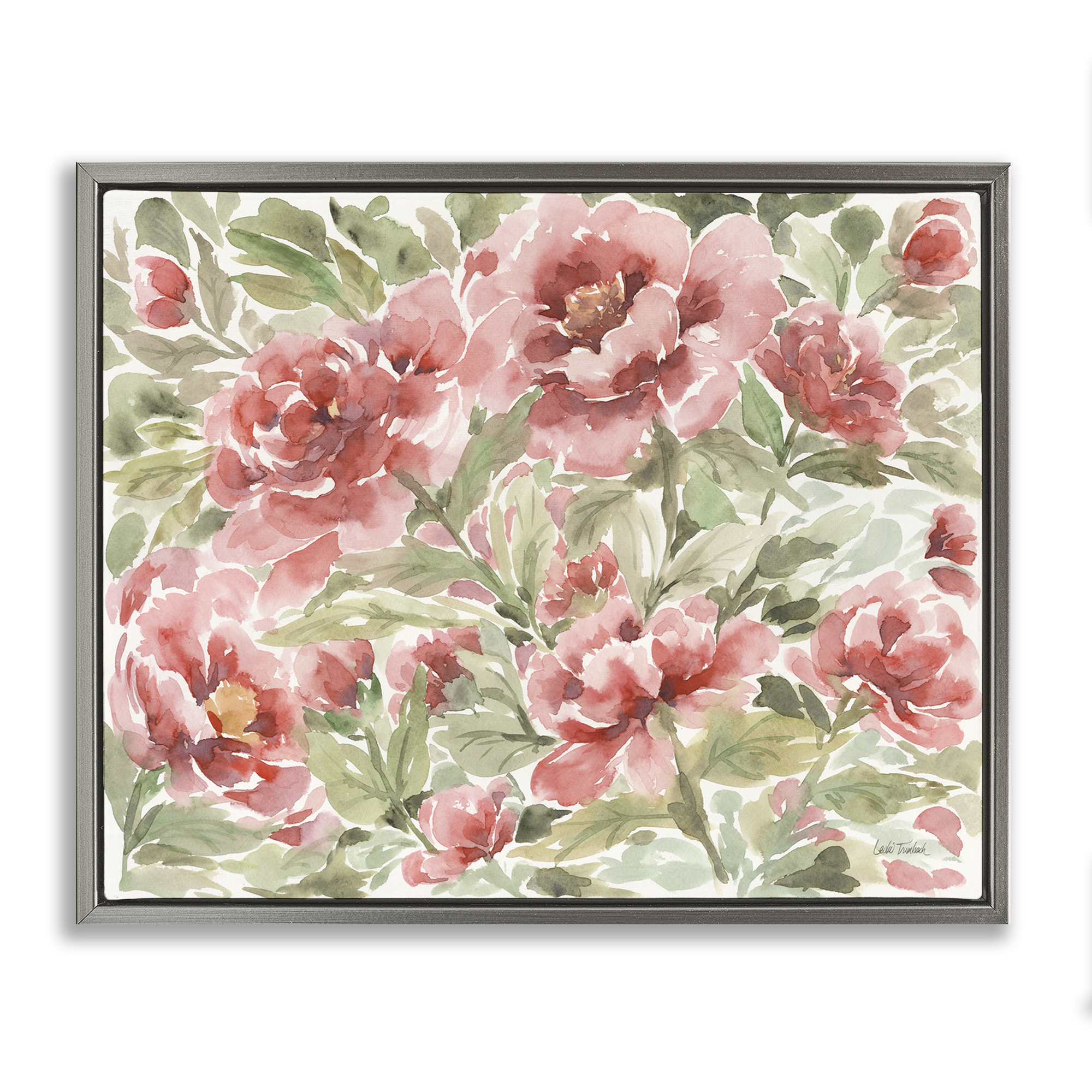 Stupell Industries Pink Peonies Pattern Botanical & Floral Painting Gray Floater Framed Art Print Wall Art, 21 x 17