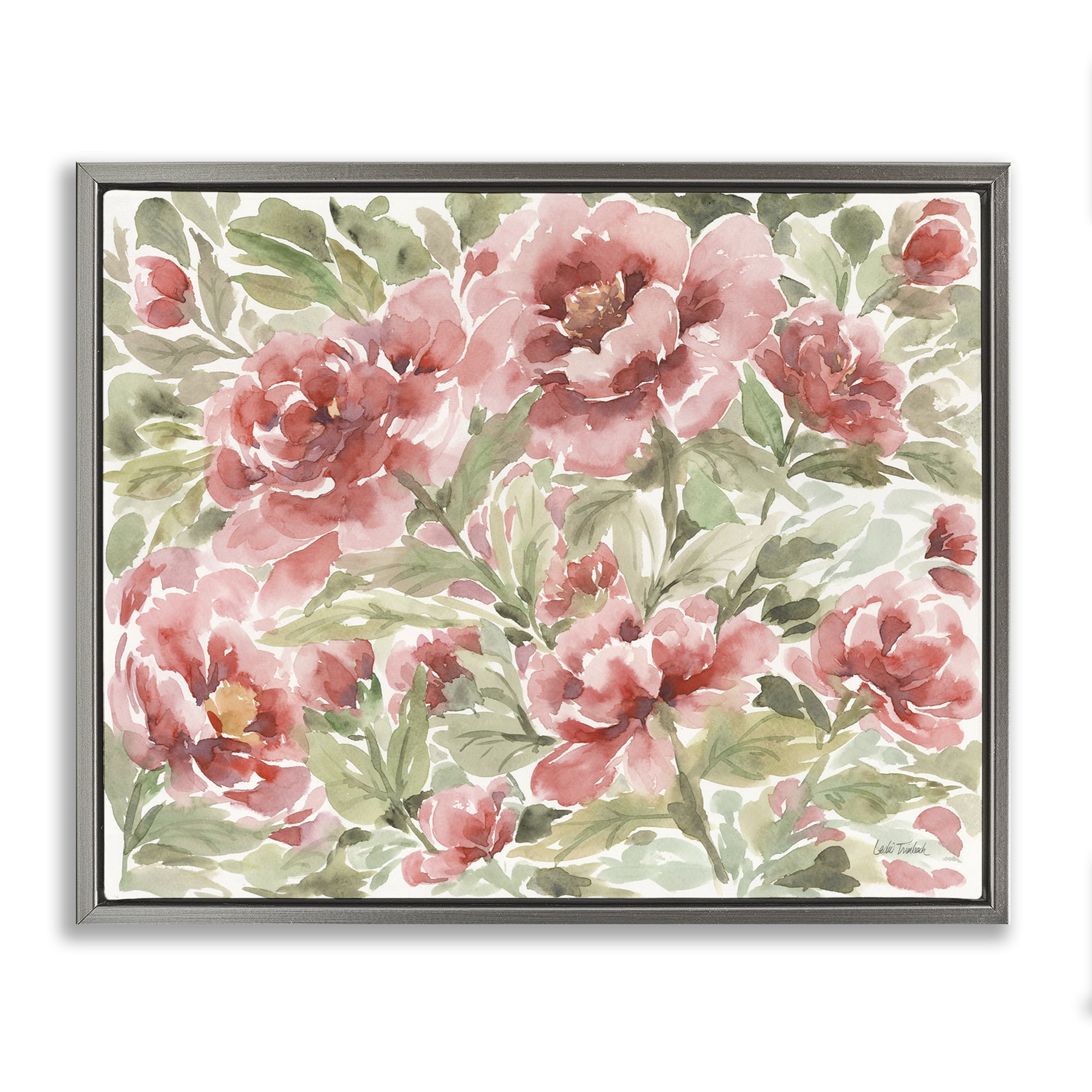 Stupell Industries Pink Peonies Pattern Botanical & Floral Painting Gray Floater Framed Art Print Wall Art, 31 x 25