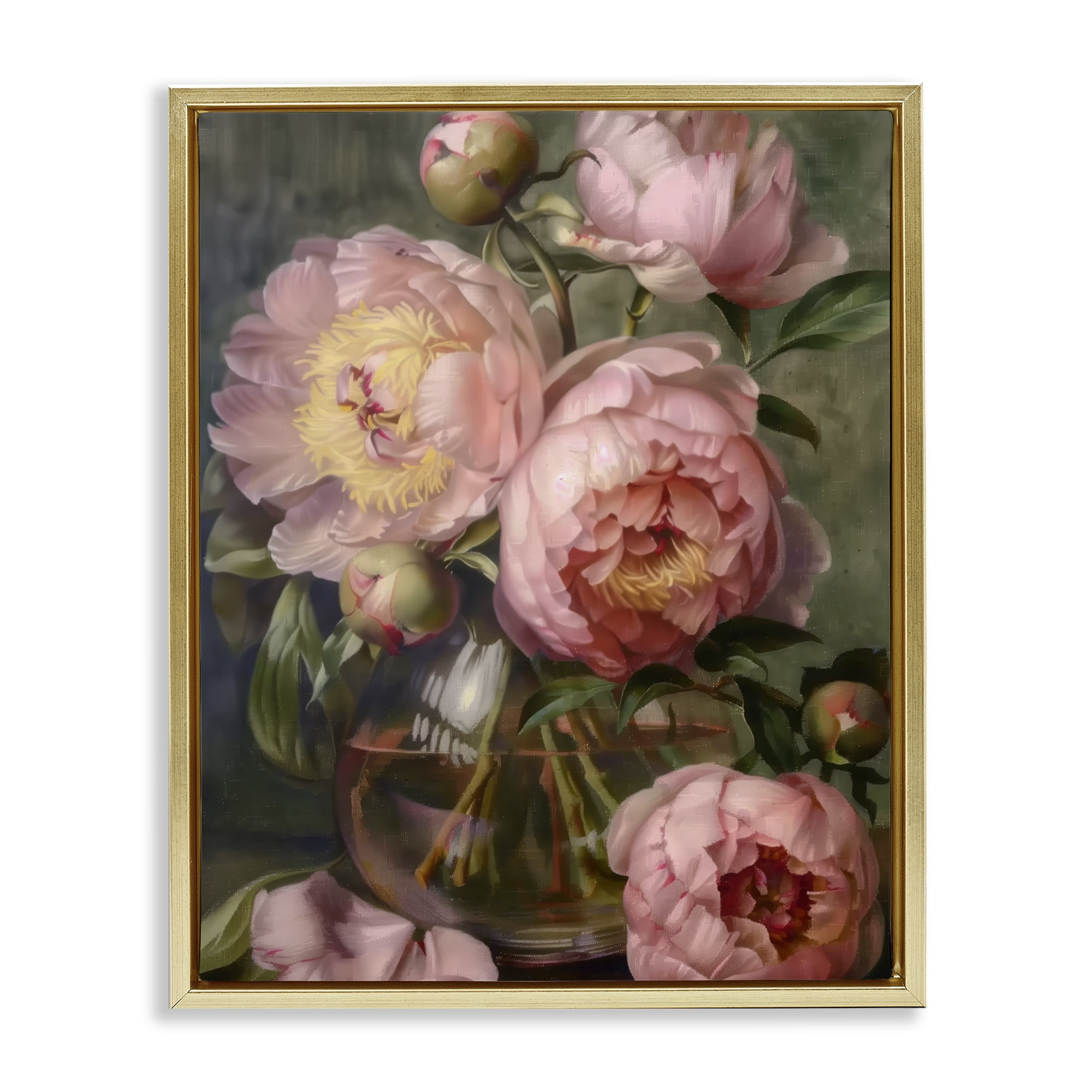 Stupell Industries Pink Peonies in Glass Vase Gold Framed Floater Canvas Wall Art, design by LSR Design Studio