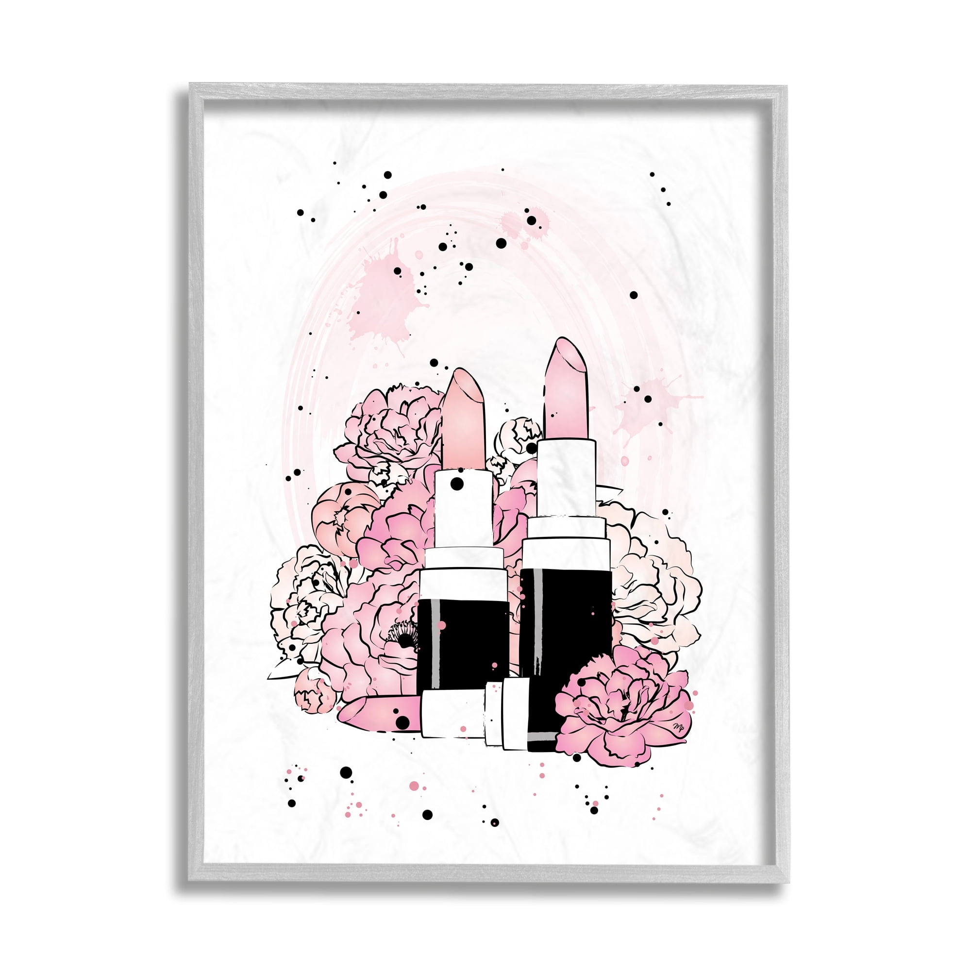 Stupell Industries Pink Peony Florals Glam Lipstick Cosmetic Beauty & Fashion Painting Gray Framed Art Print Wall Art, 11 x 14
