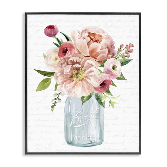 Stupell Industries Shabby Chic Pink Peony Flowers Jar Arrangement Script Pattern Black Framed Giclee Art, 11 x 14, by Lettered and Lined